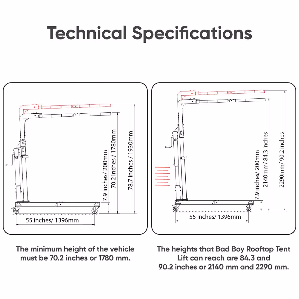 Technical specifications diagram showing dimensions of a rooftop tent lift with two views and height measurements in inches and millimeters.