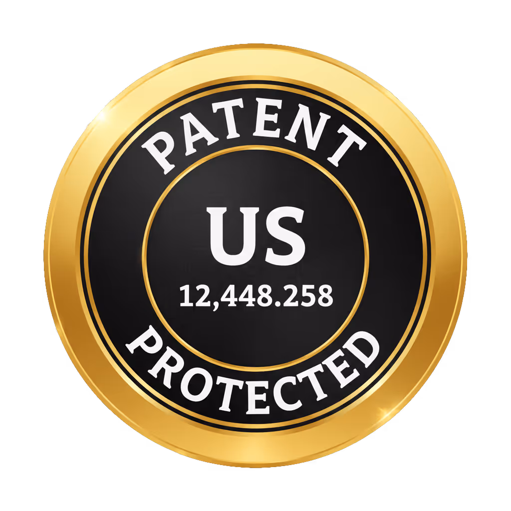 Gold and black circular badge displaying US Patent number 12,448,258 with the words Patent Protected.