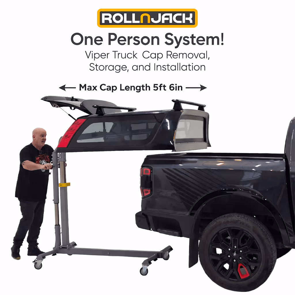 Man operating RollnJack system to remove, store, and install a black Viper truck cap from a black pickup truck, with max cap length 5ft 6in.