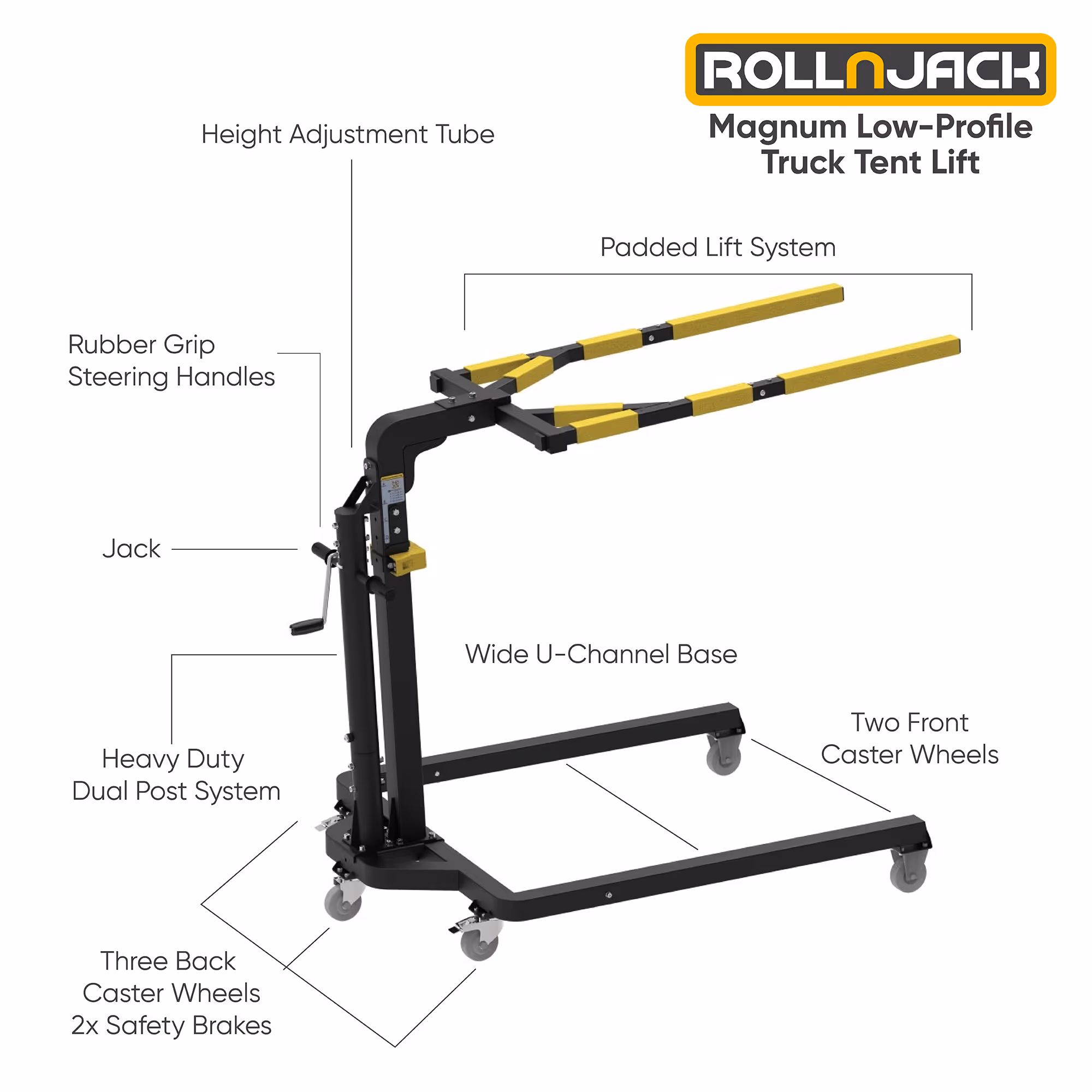 RollnJack Magnum Low-Profile Truck Tent Lift with labeled parts including height adjustment tube, padded lift system, rubber grip steering handles, jack, heavy-duty dual post system, wide U-channel base, two front caster wheels, and three back caster wheels with safety brakes.