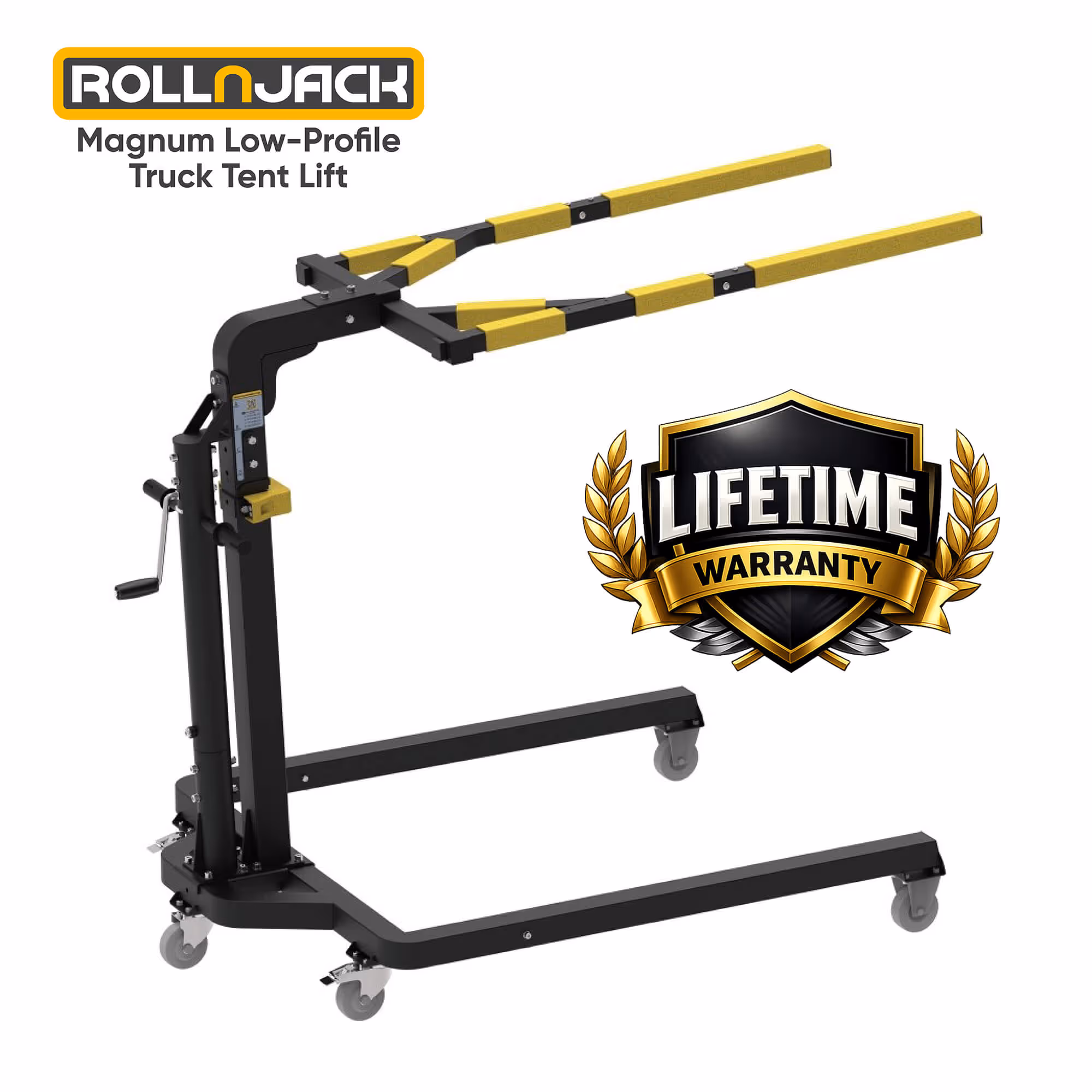 RollnJack Magnum Low-Profile Truck Tent Lift with yellow padded arms and black frame on caster wheels alongside a lifetime warranty emblem.