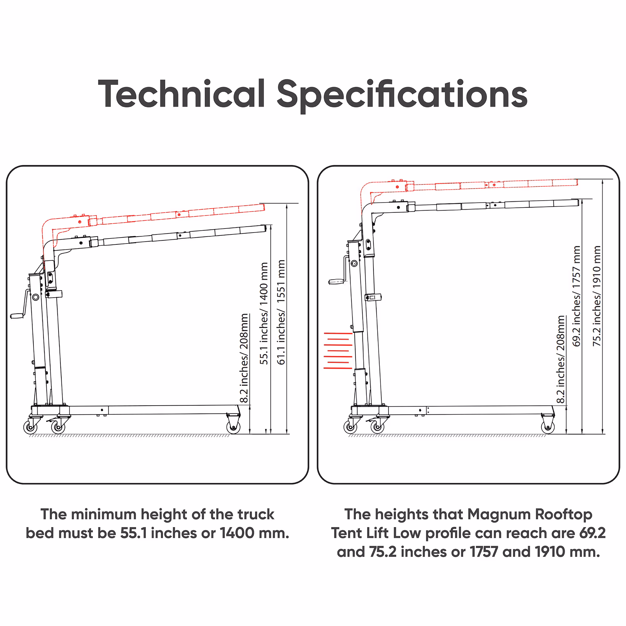 Technical drawings showing minimum truck bed height of 55.1 inches (1400 mm) and adjustable heights of 69.2 inches (1757 mm) and 75.2 inches (1910 mm) for Magnum Rooftop Tent Lift Low profile.