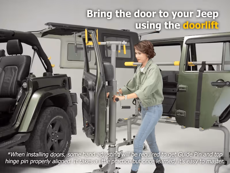 A woman using a doorlift device to install a Jeep door onto a Jeep frame, with text explaining hand adjustments needed for proper alignment.