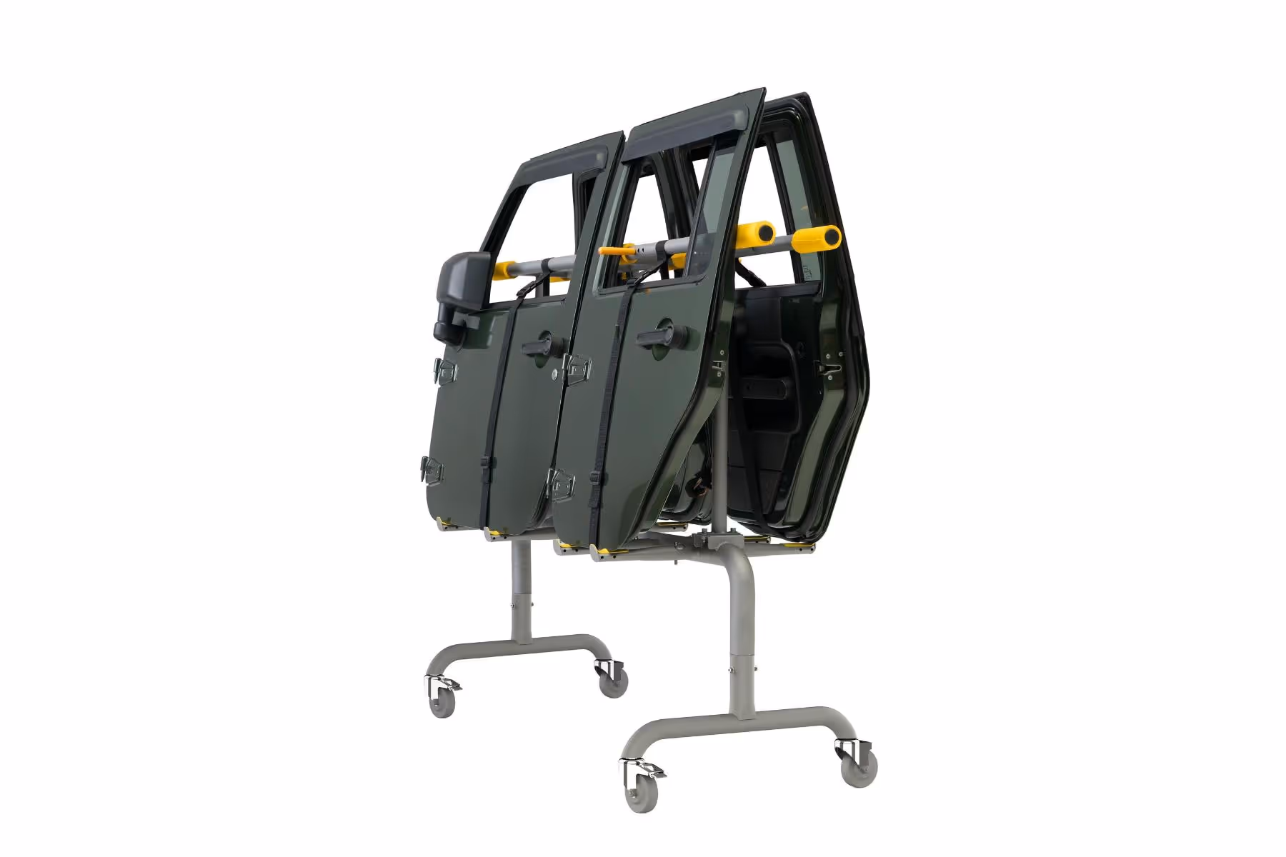 Set of two green car doors with black handles mounted on a metal stand with wheels.