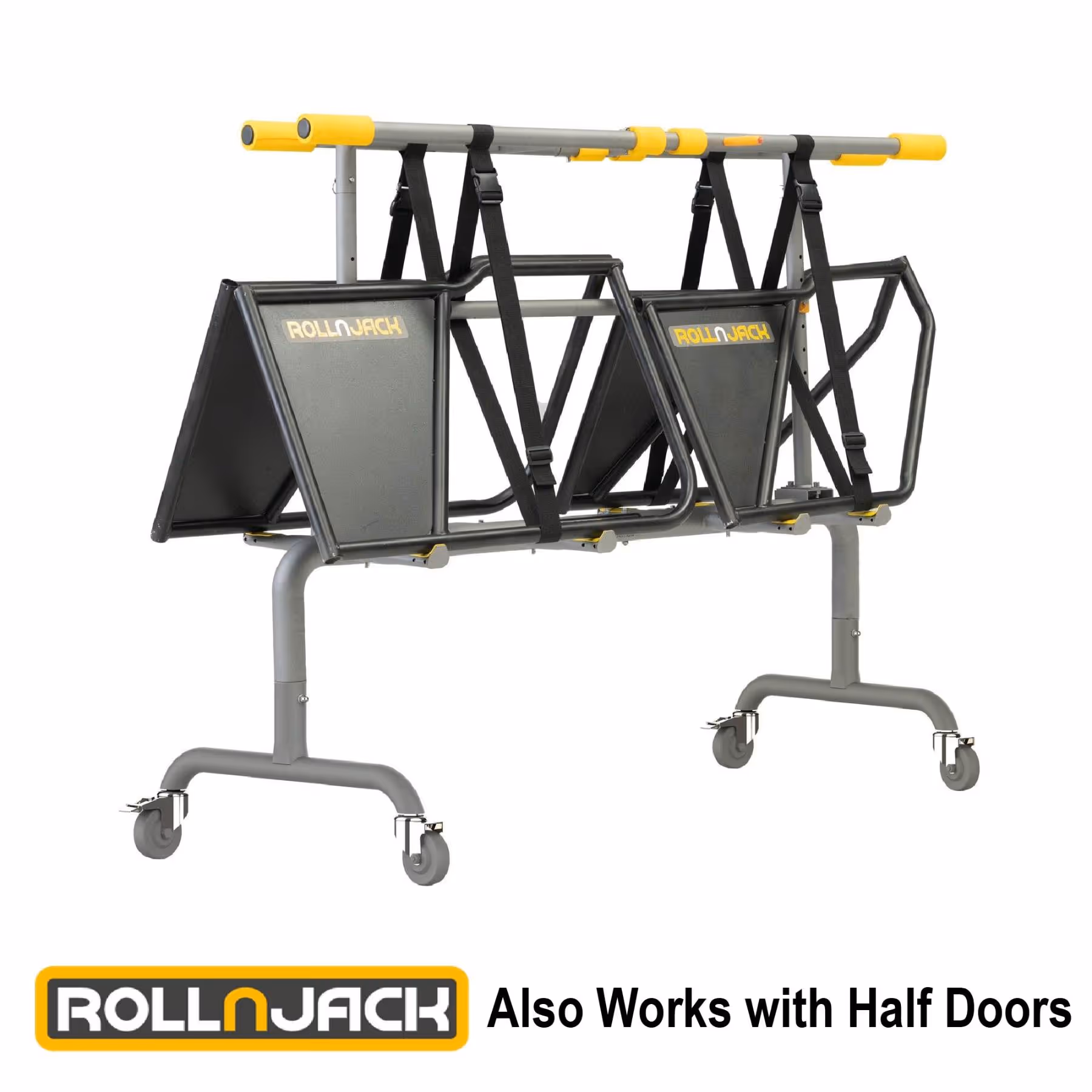 RollnJack portable wheelchair lift with black straps and panels, mounted on a gray metal frame with wheels.