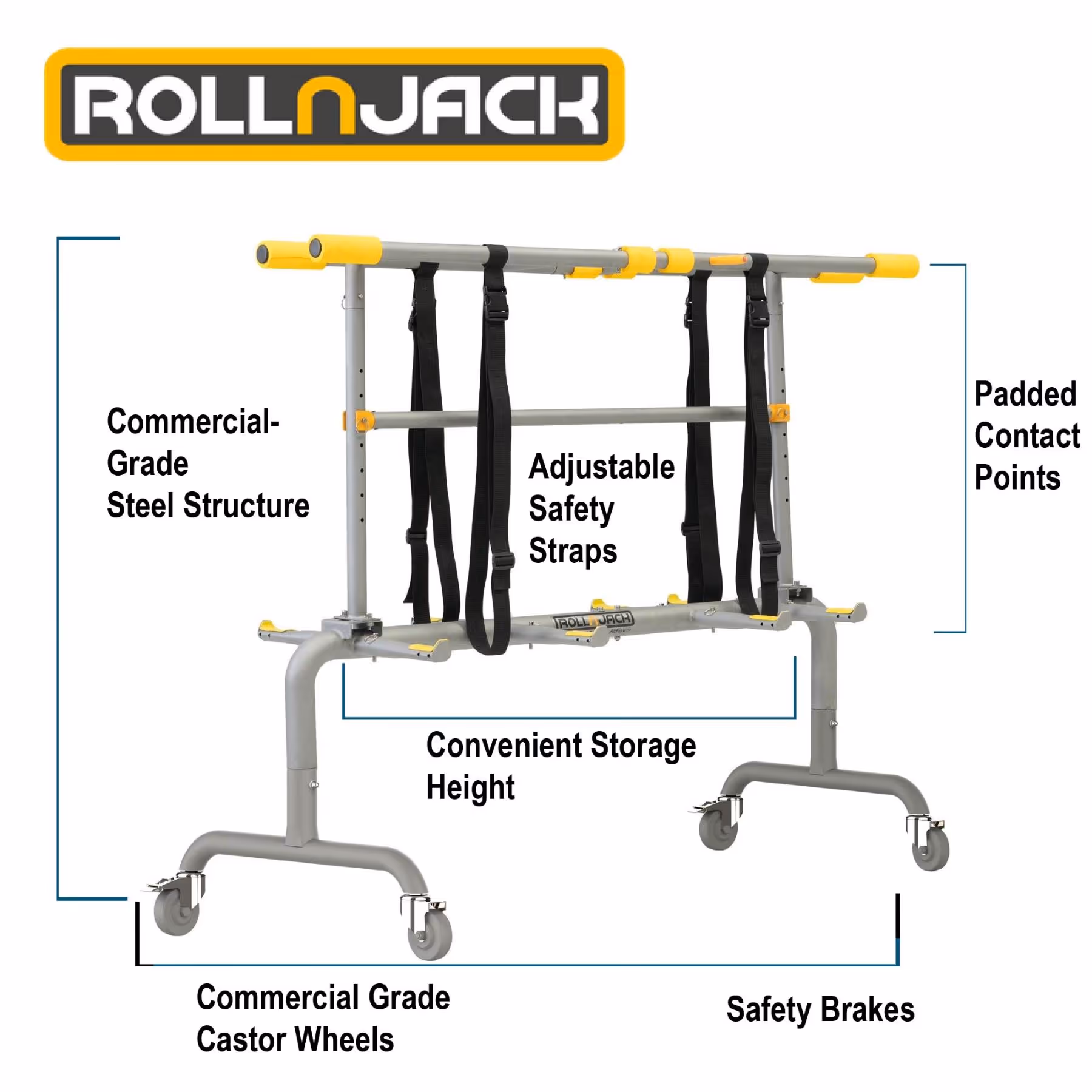 RollnJack bike rack with commercial-grade steel structure, adjustable safety straps, padded contact points, commercial-grade castor wheels with safety brakes, and convenient storage height.