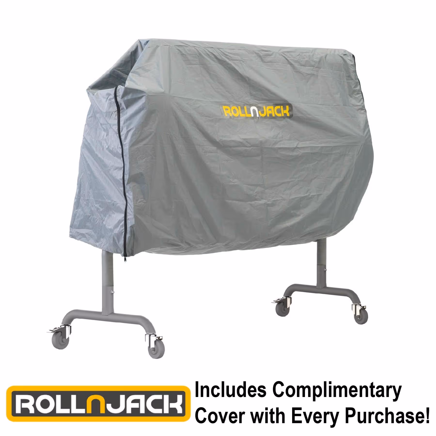 Gray RollnJack protective cover draped over a wheeled table tennis table frame, with text indicating a complimentary cover included with purchase.