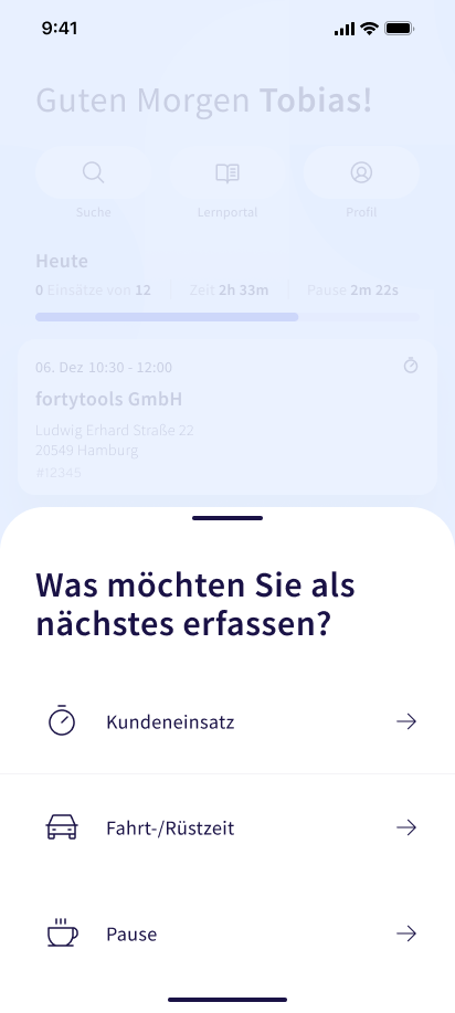 Mobile Zeiterfassung in der fortytools App: Auswahl von Kundeneinsatz, Fahrt-/Rüstzeit oder Pause
