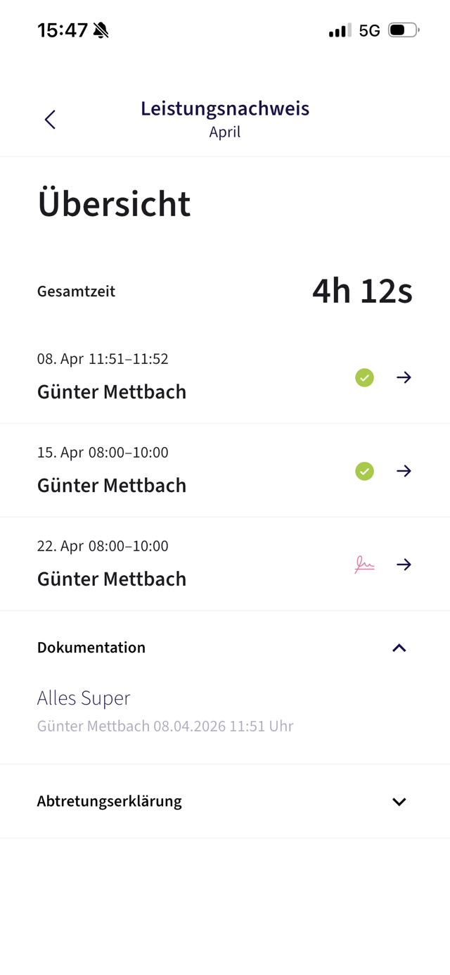 Leistungsnachweis für April in der fortytools App mit Übersicht aller Einsätze und Gesamtzeit