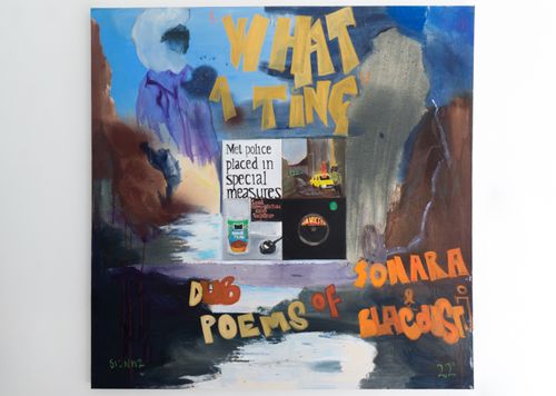 Andrew Pierre Hart, 'What a ting - dub poems of sonara and blacousti', 2022 Oil and oil bar on canvas 150cm x 150cm. Images courtesy the artist and Harlesden High Street.