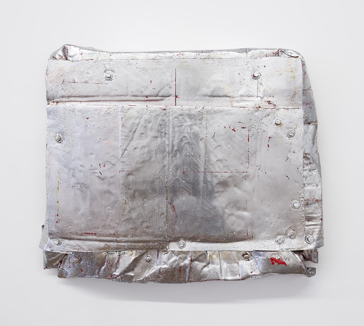 Machteld Rullens, Silver Bullet (Pocket), 2023, Oil, acrylic, pigment, silver leaf, resin, and bolts on cardboard, 21.5 x 26.5 x 3 in (54.6 x 67.3 x 7.6 cm)