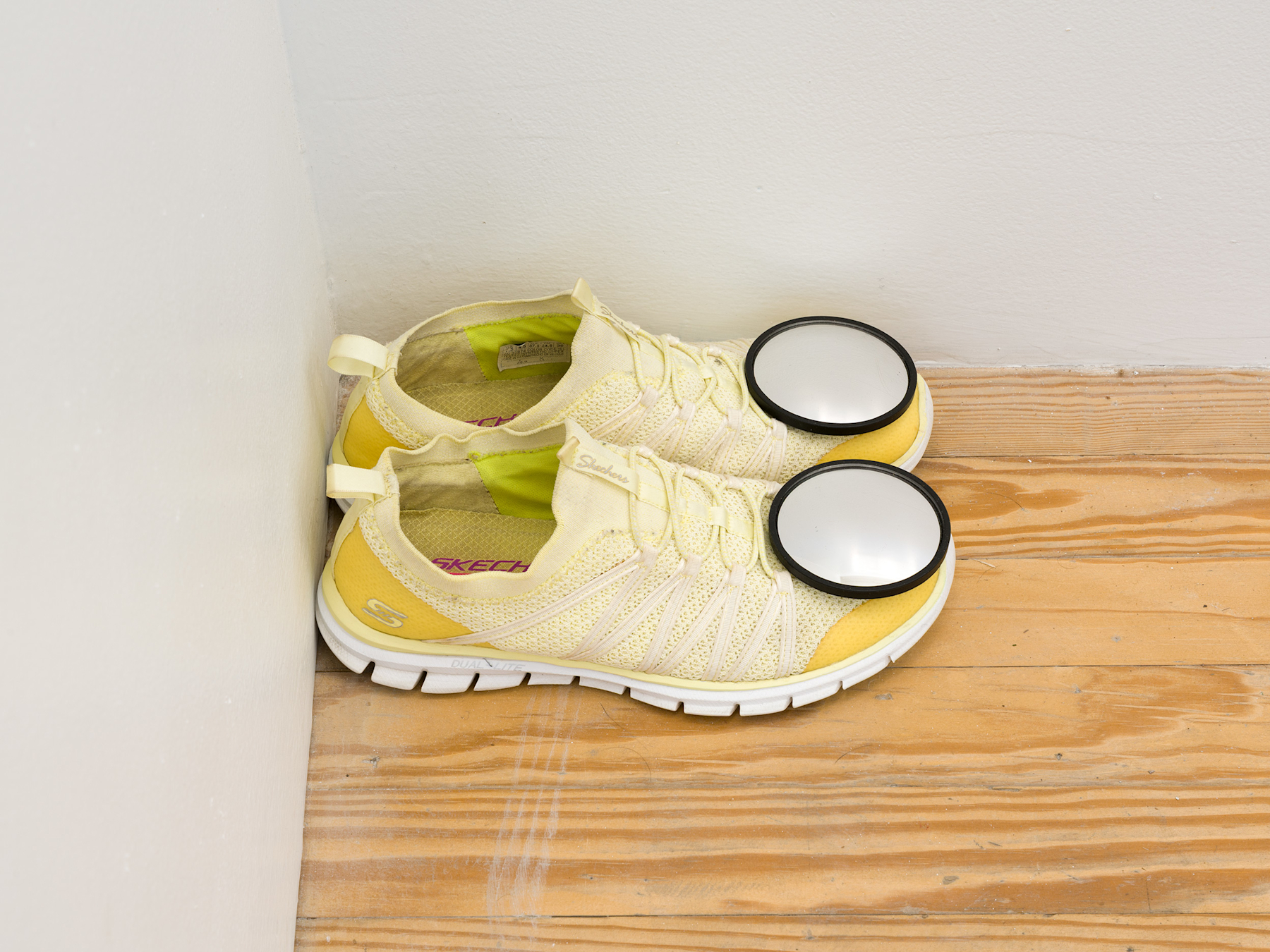 Max Guy Morpheus #6 (Gram), 2025 Sketchers sneakers, 7.5, blind spot mirrors, 3 x 10 1/2 x 8 inches, 7.62 x 26.67 x 20.32 cm