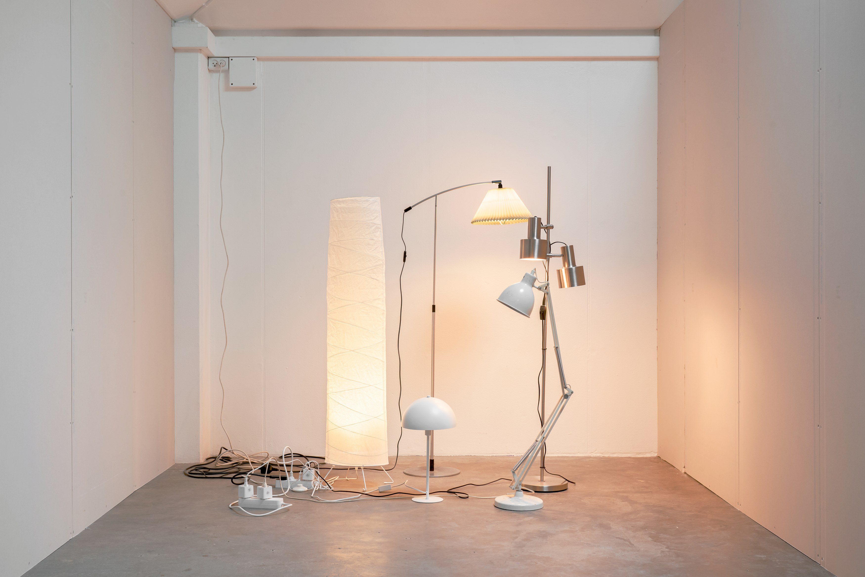 Rational Theater (Le Fils Natural), 2025 Lamps, extension cords, smart outlet. Courtesy of the artists and Simian, Copenhagen. Photos by Brian Kure / GRAYSC.