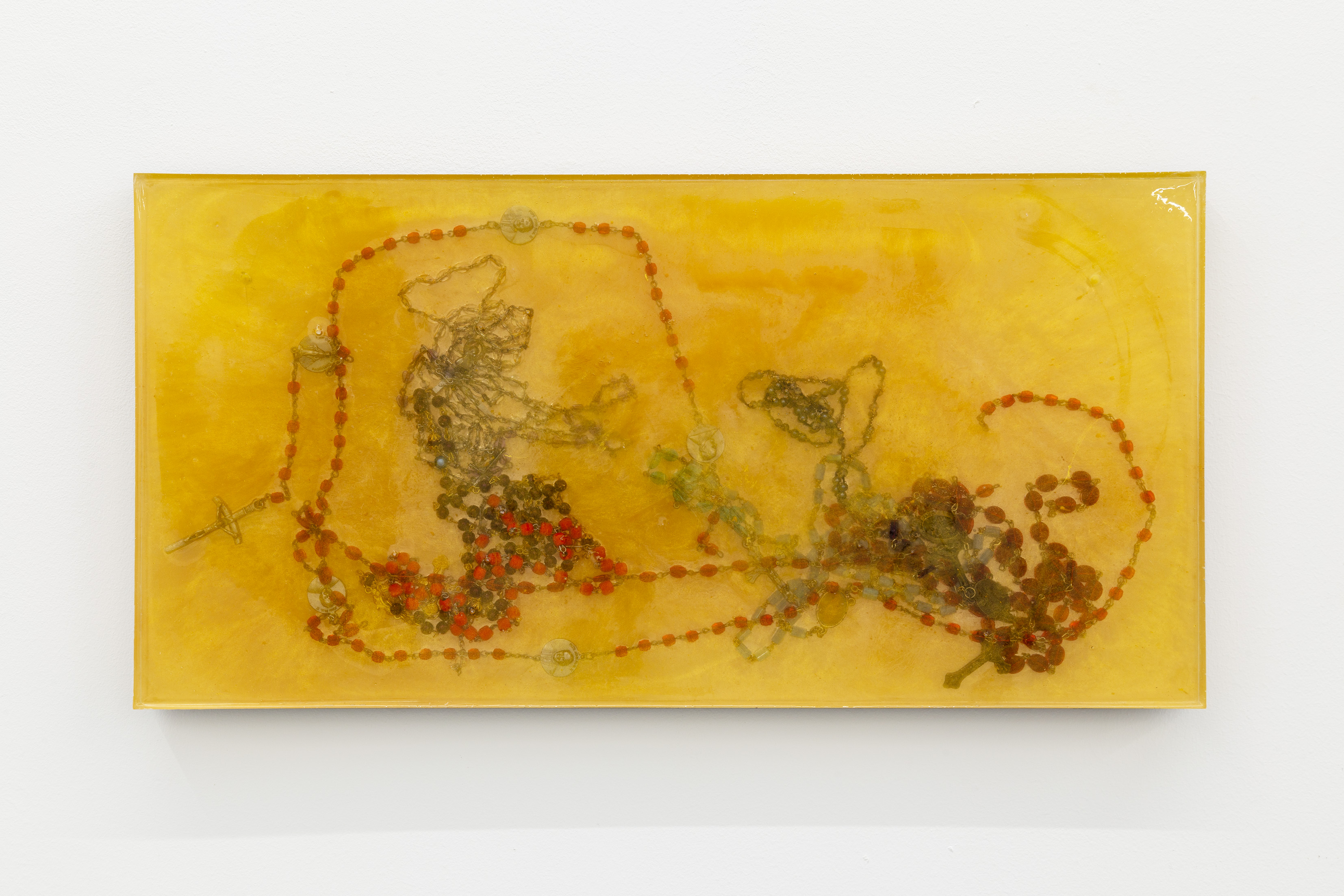 Aviva Silverman Is the serpent a liar 2023 Rosaries, resin, acrylic. 25 x 50 x 2 cm