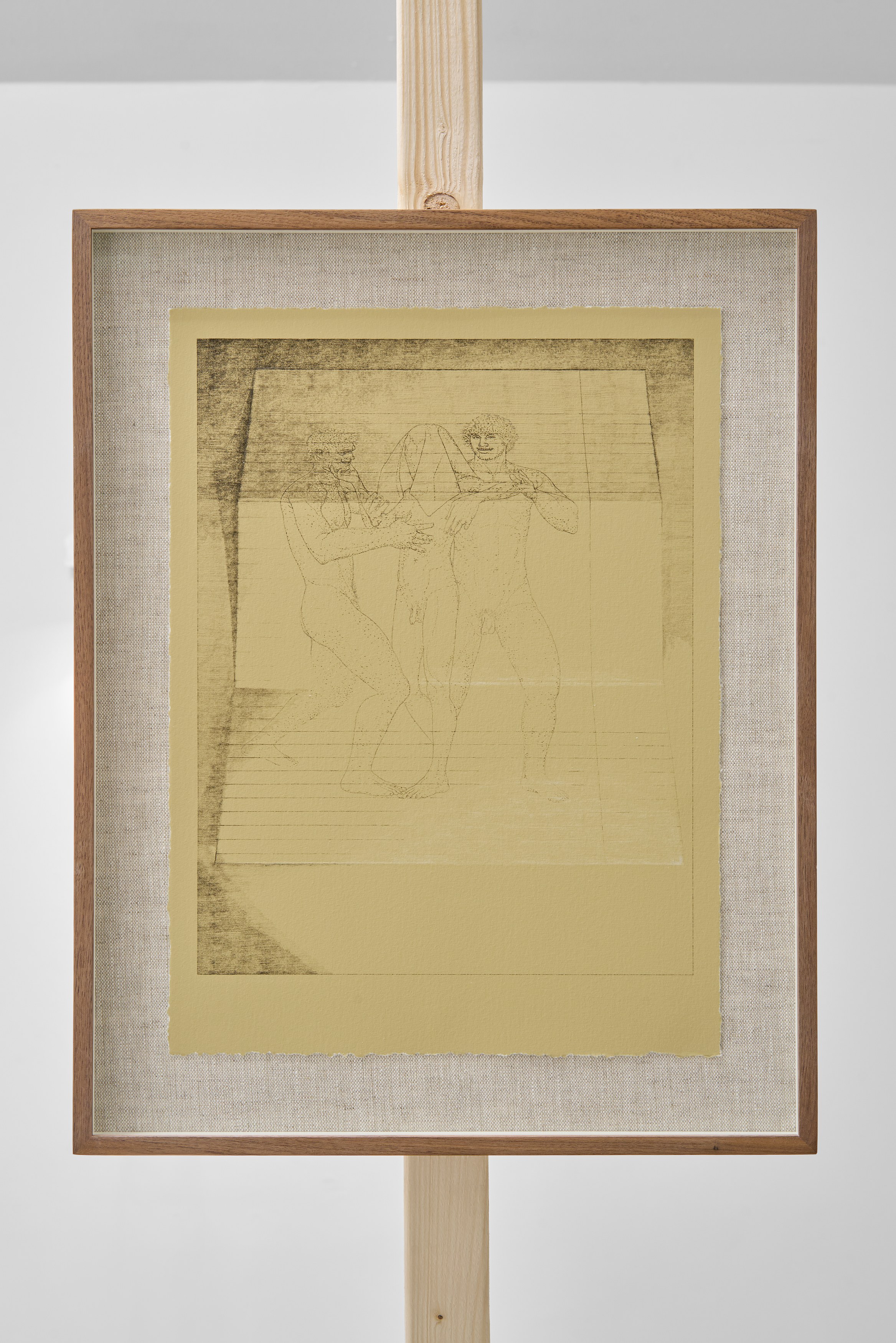 3 Figures, 1 with Face Covered (theater 6), 2024 Plate lithograph, dry-point, and chalk on cotton rag paper. 28 × 38 cm. Courtesy of the artists and Simian, Copenhagen. Photos by Brian Kure / GRAYSC.