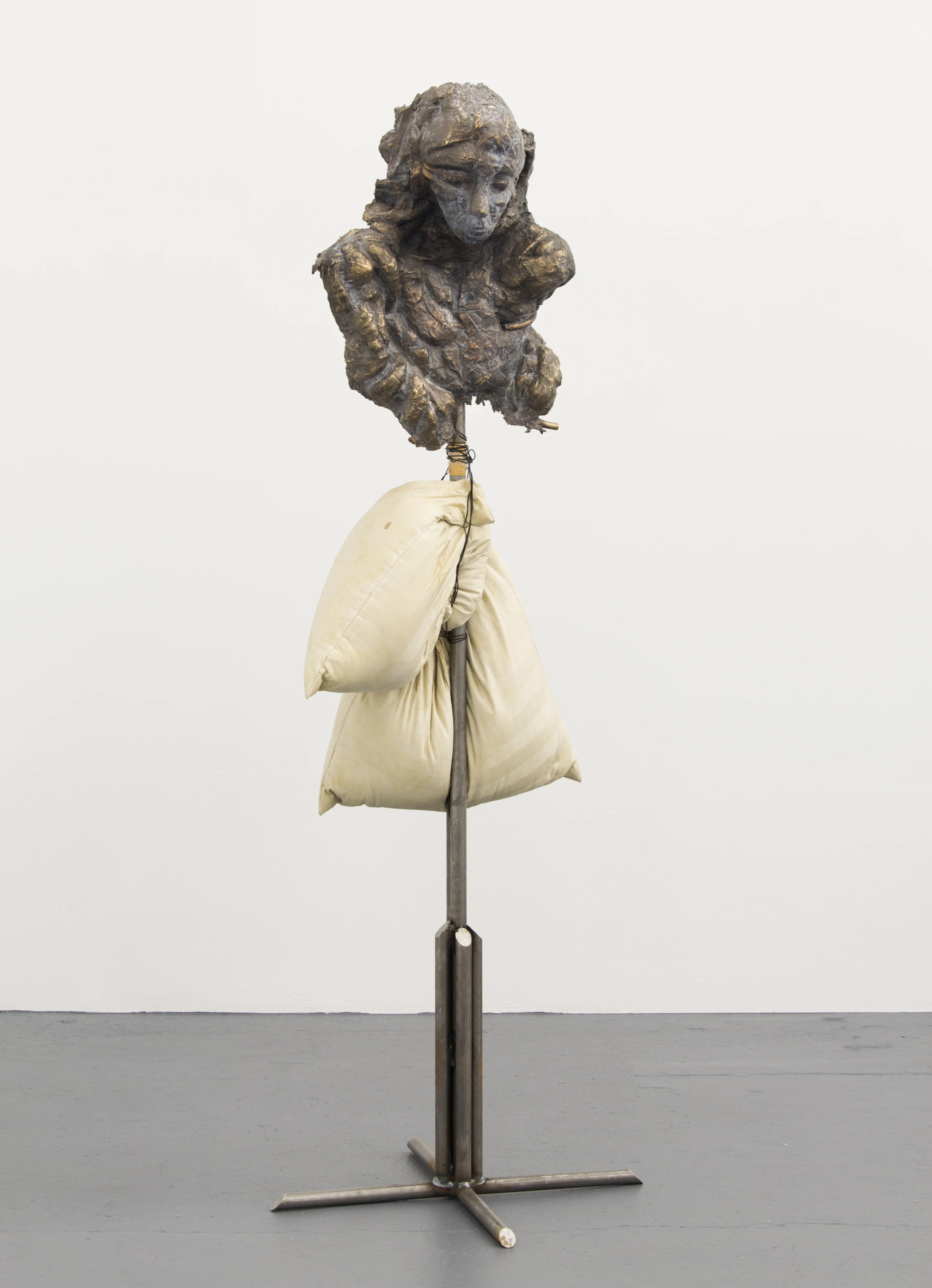 ROCHELLE GOLDBERG, Intralocutor: While watching the grass grow and die and grow again, thinking it was green, 2018, bronze, pillow, steel, 68 x 26 x 24 inches (172.7 x 66 x 61 cm), AP1, Edition of 3 + 2AP