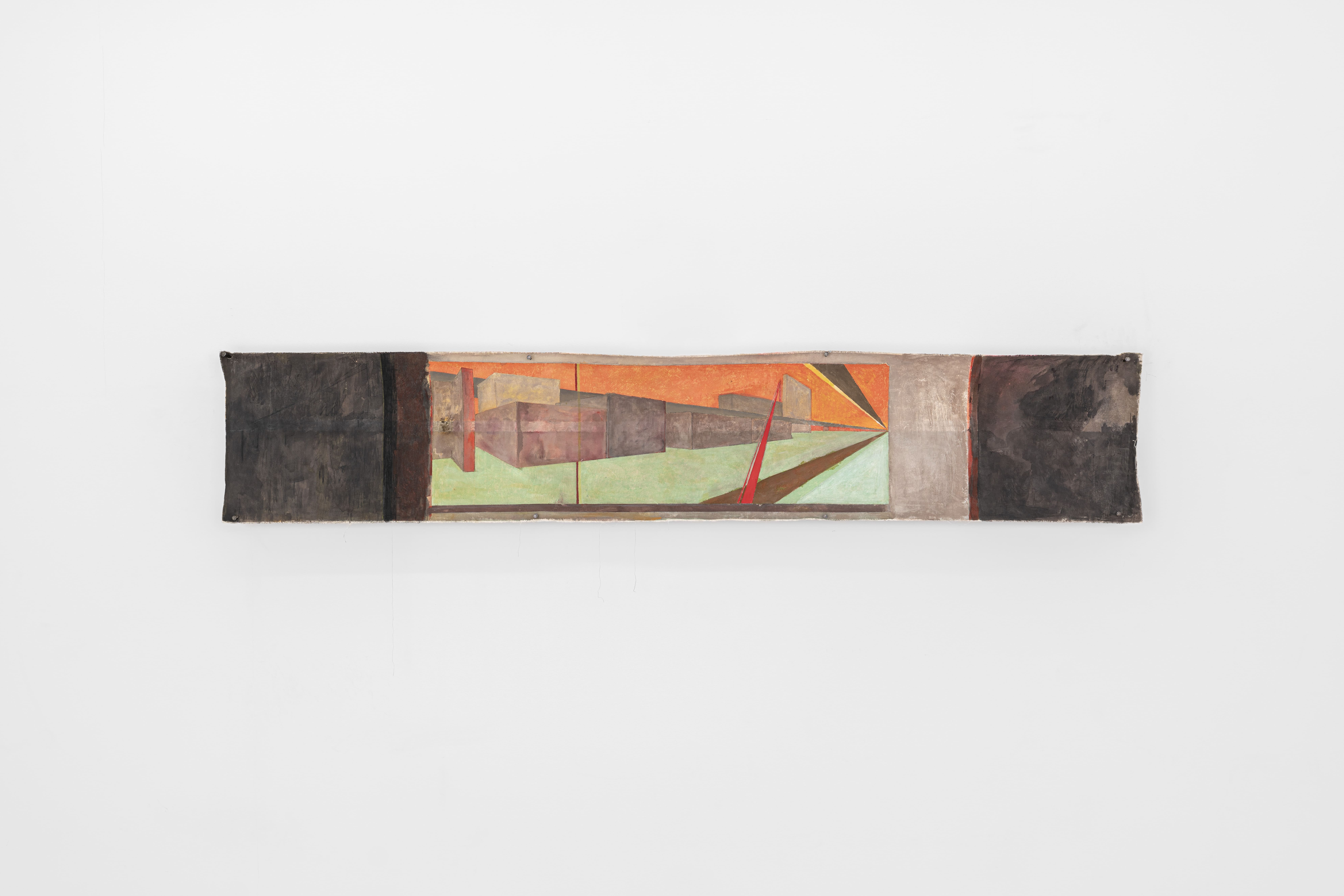 View from the apartment, 2025 Gouache, watercolor, pencil, marker, nails on unstretched canvas 81" x 50" 1/4