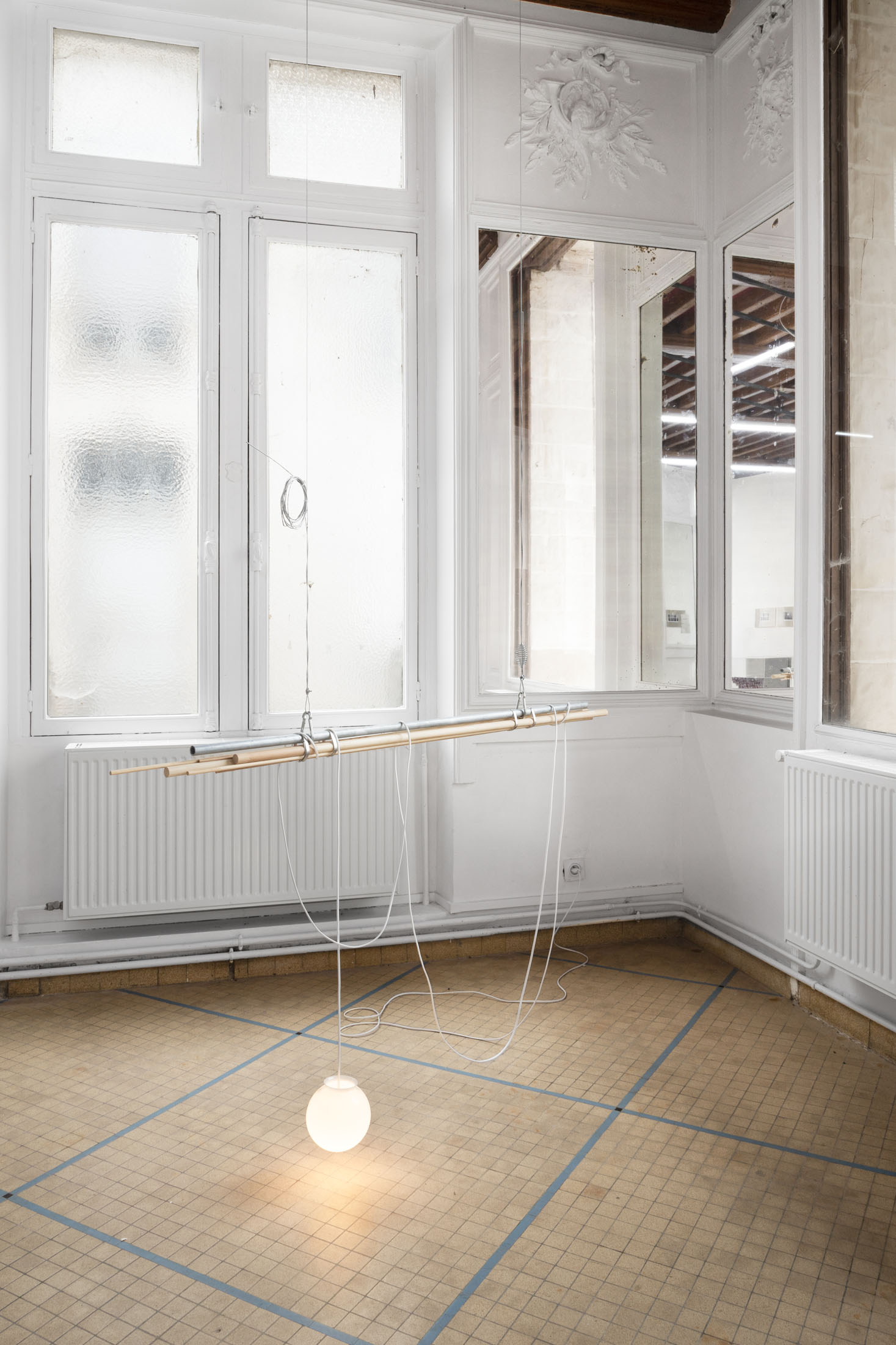 Haydée Marin & Camille Besson, Mood light therapy, 2025, wood, steel, opaline glass globes, electrical cable, variable dimensions, Courtesy of the artists