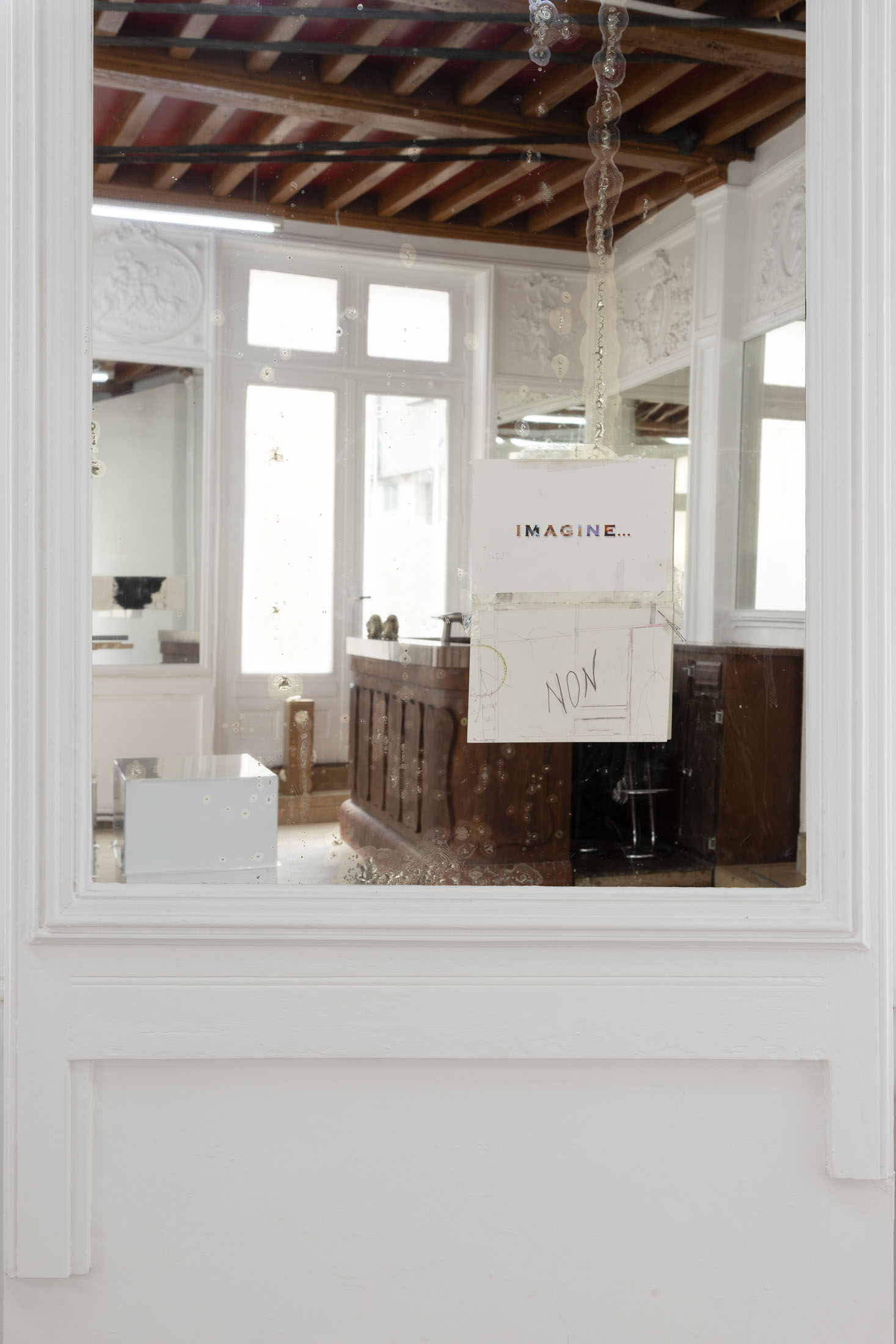 Ethan Assouline, imagine(non), 2025, paper, graphite pencil, tape, pin, variable dimensions, Courtesy of the artist