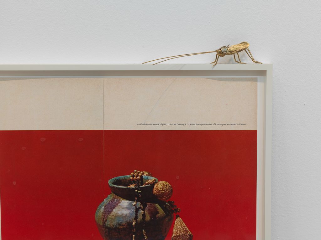 Haris Epaminonda,Untitled #01 c/m [detail], 2025, Framed found book page, three brass grasshoppers, black lacquered bowl, Dimensions Variable, Installation view, Haris Epaminonda, VOL. XXXIII, Sylvia Kouvali, Piraeus, 2025