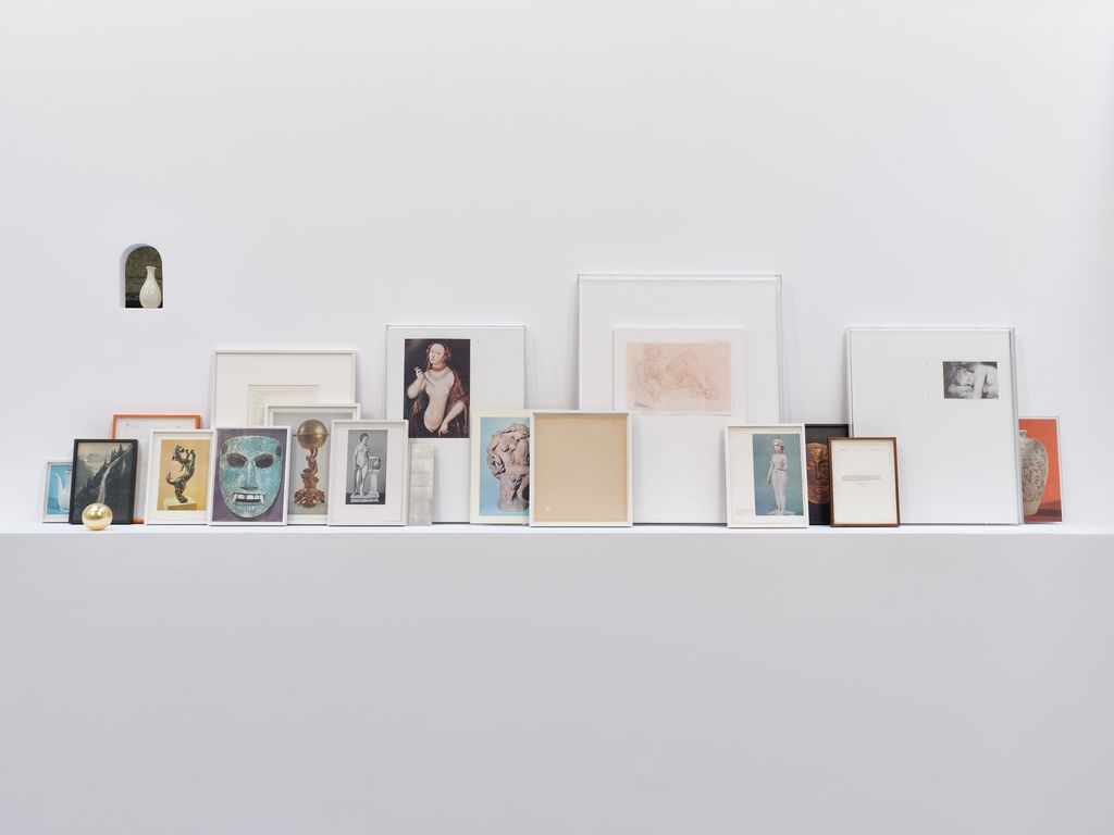 Haris Epaminonda, Untitled #08 c/m, 2025, Wall with window and shelf, 17 framed found book pages and drawings, gold gilded sphere, silver gilded wooden sheet with black lacquer, Dimensions Variable, Installation view, Haris Epaminonda, VOL. XXXIII, Sylvia Kouvali, Piraeus, 2025