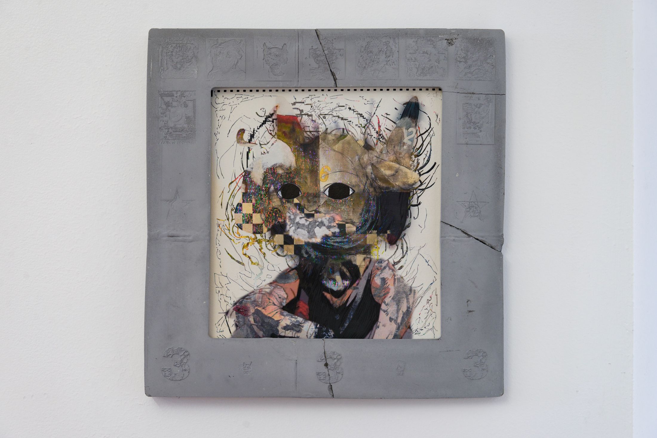 Evil Biscuit, Drif 3 checkered holo dragonite, 2025 watercolor, watercolor stick, ink, graphite and inkjet on watercolor paper, cement frame 19x19.5, Courtesy of Galerie Yeche Lange