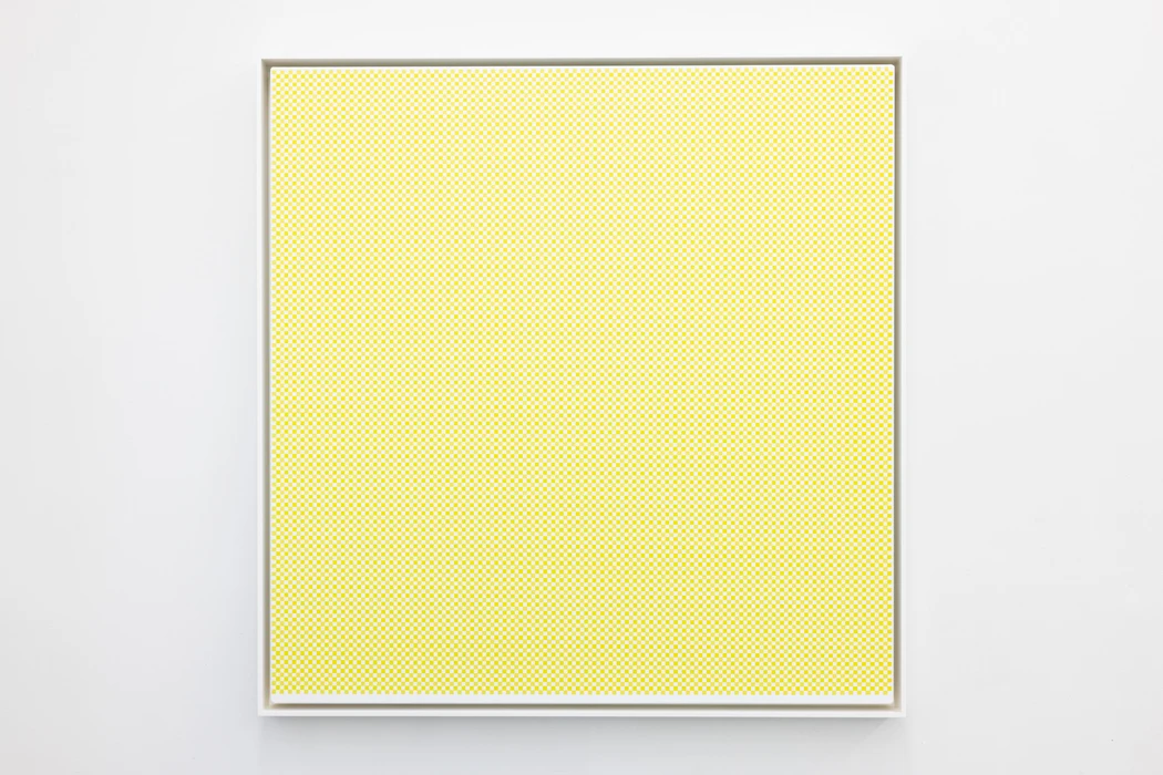 Kristin Nordhøy, Transparent No. II (yellow), 2025 Oil on linen in aluminum frame, 85,5 x 83,5 x 5 cm, Courtesy of Galleri Riis