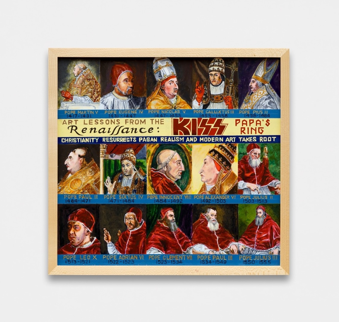 Ben Sakoguchi, Critical Art Theory: Eurocentric Hegemony (one million B.C-21st century A.D) (#14) "ART LESSONS FROM THE RENAISSANCE: KISS PAPA'S RING", 2022. Acrylic on canvas. Courtesy the artist