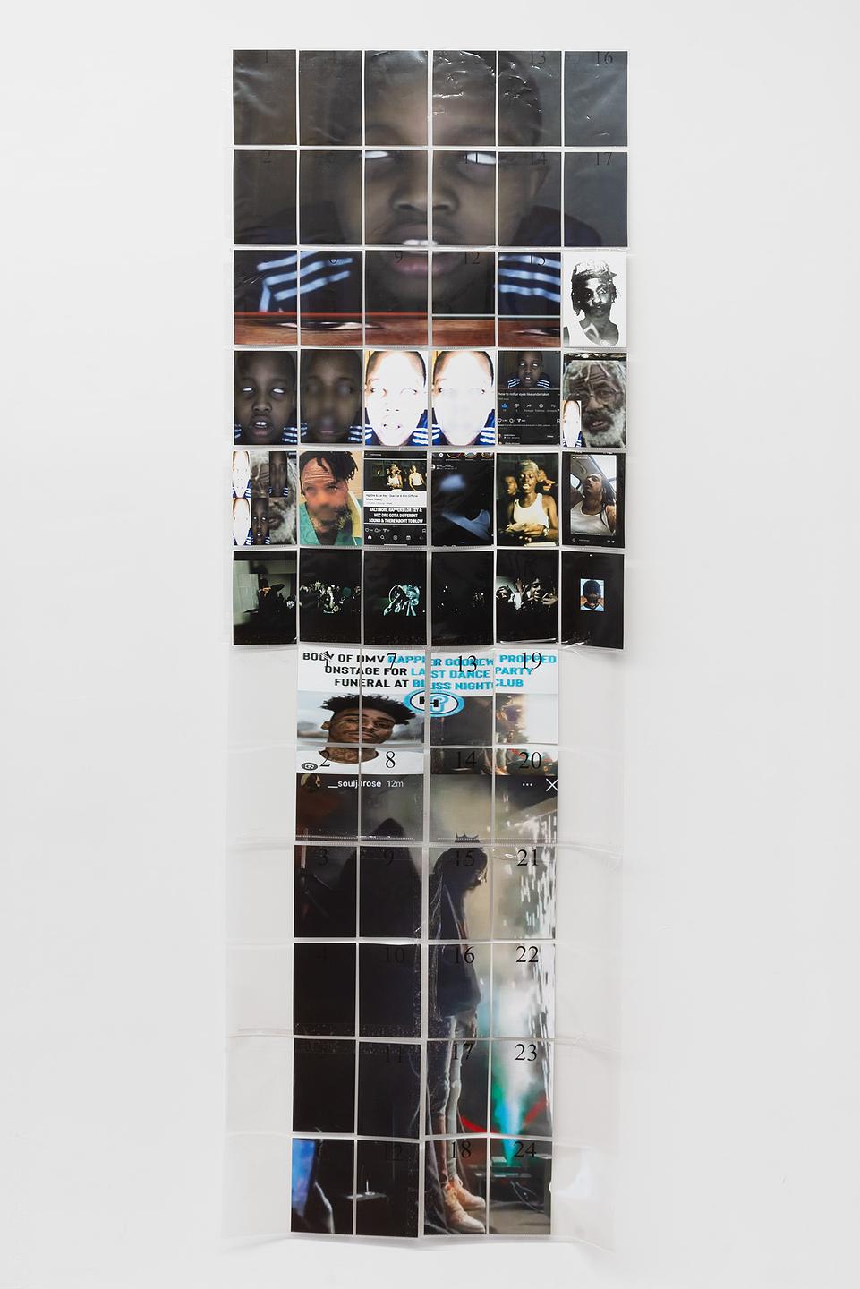 Undertaker, 2025, Photo prints, cellophane sleeves, cellophane tape, 75.5 x 26 in (191.8 x 66 cm). Courtesy of the artist and Derosia.