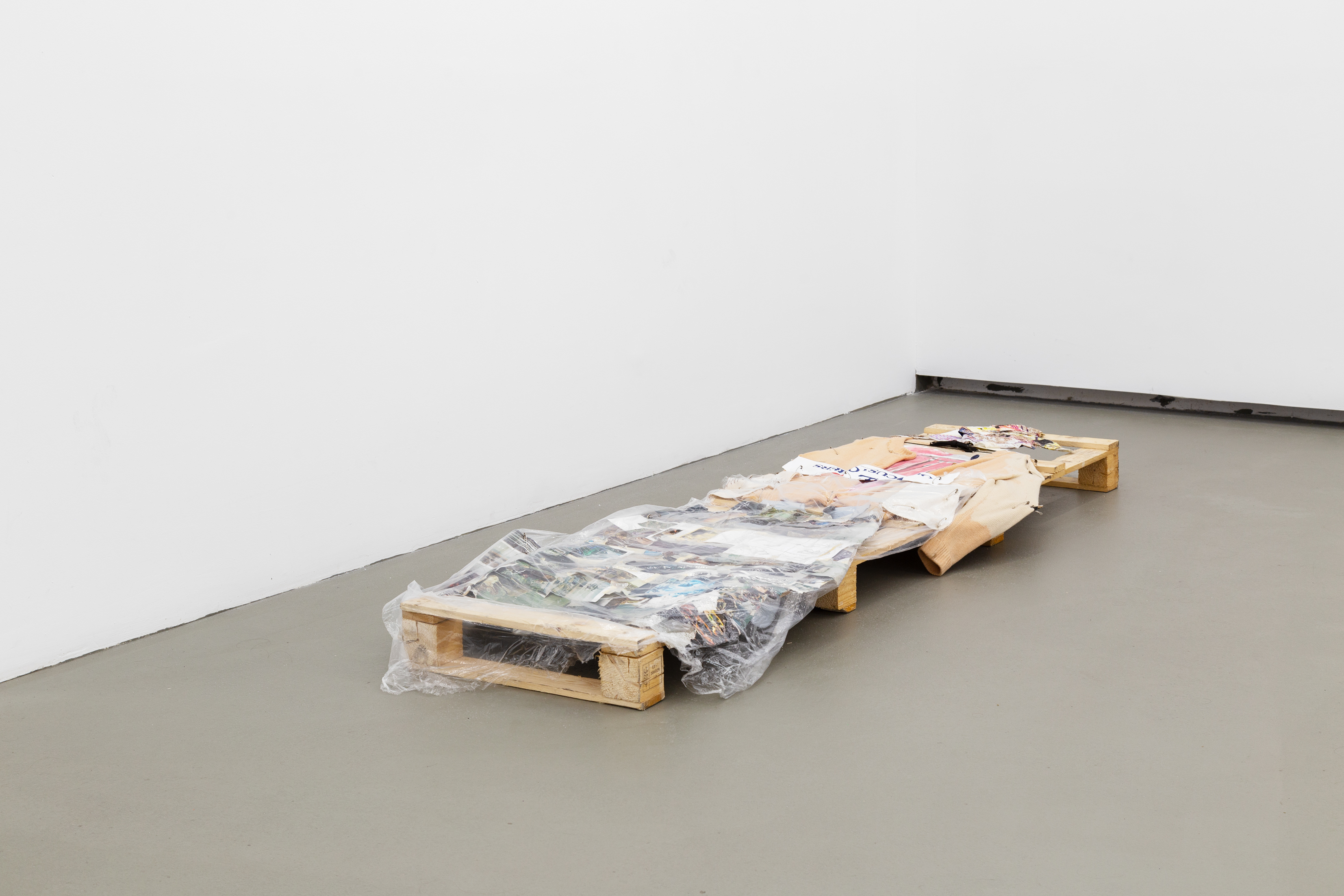 this SunStar dress is worn by a loon, 2025, Cardboard, wool, cotton, paper, plastic, safety pins, watercolor, ­ marker, pen, 14 x 68 x 220 cm, Courtesy of CIBRIÁN