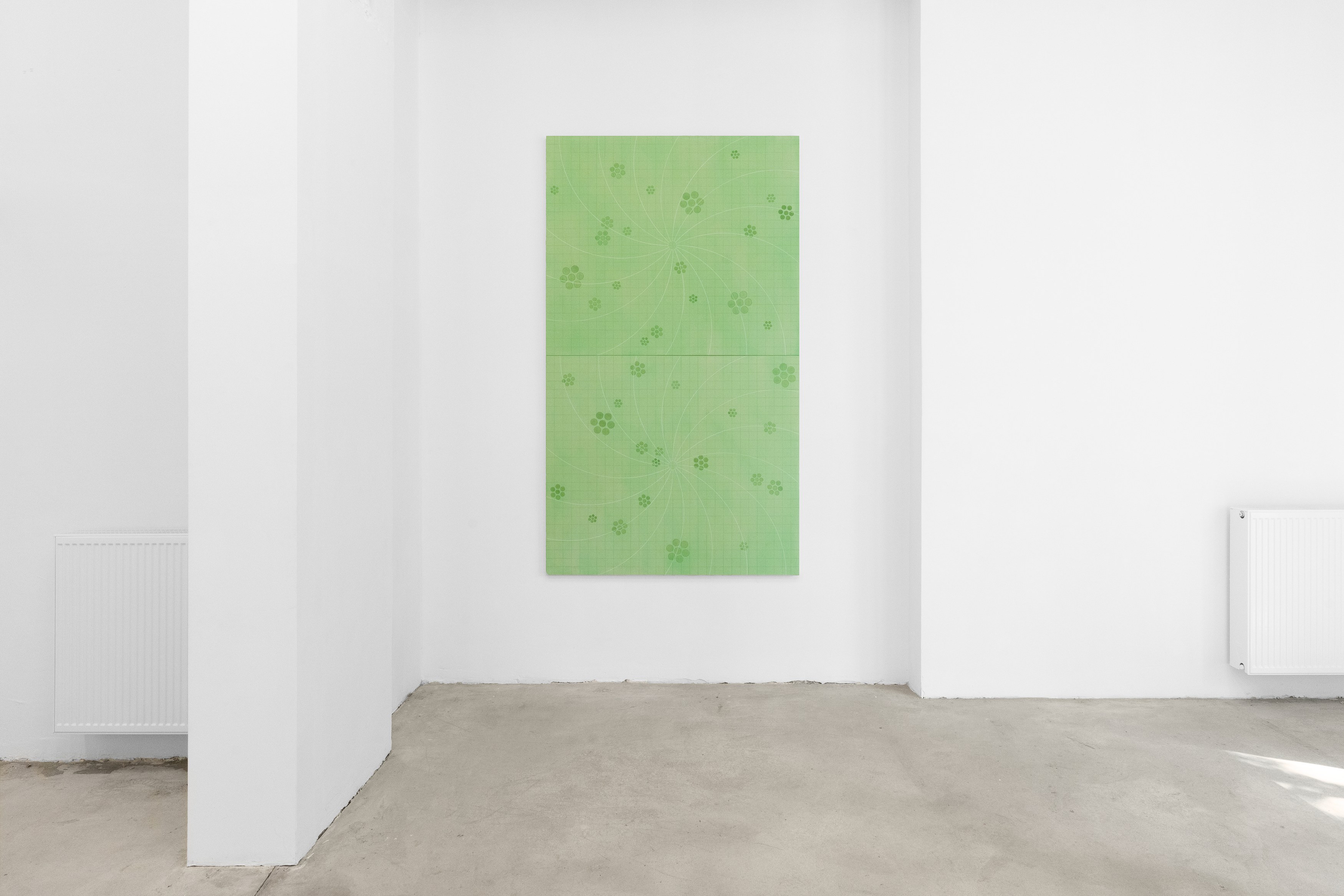 (Top-Bottom) Hanna Hur, Heart vi, 2025 Acrylic, color pencil and pigment on canvas 132.1 × 152.4 cm 52 × 60 in / Hanna Hur, Heart v, 2025 Acrylic, color pencil and pigment on canvas, 132.1 × 152.4 cm 52 × 60 in, documentation by Joanna Wilk, Courtesy of Sweetwater