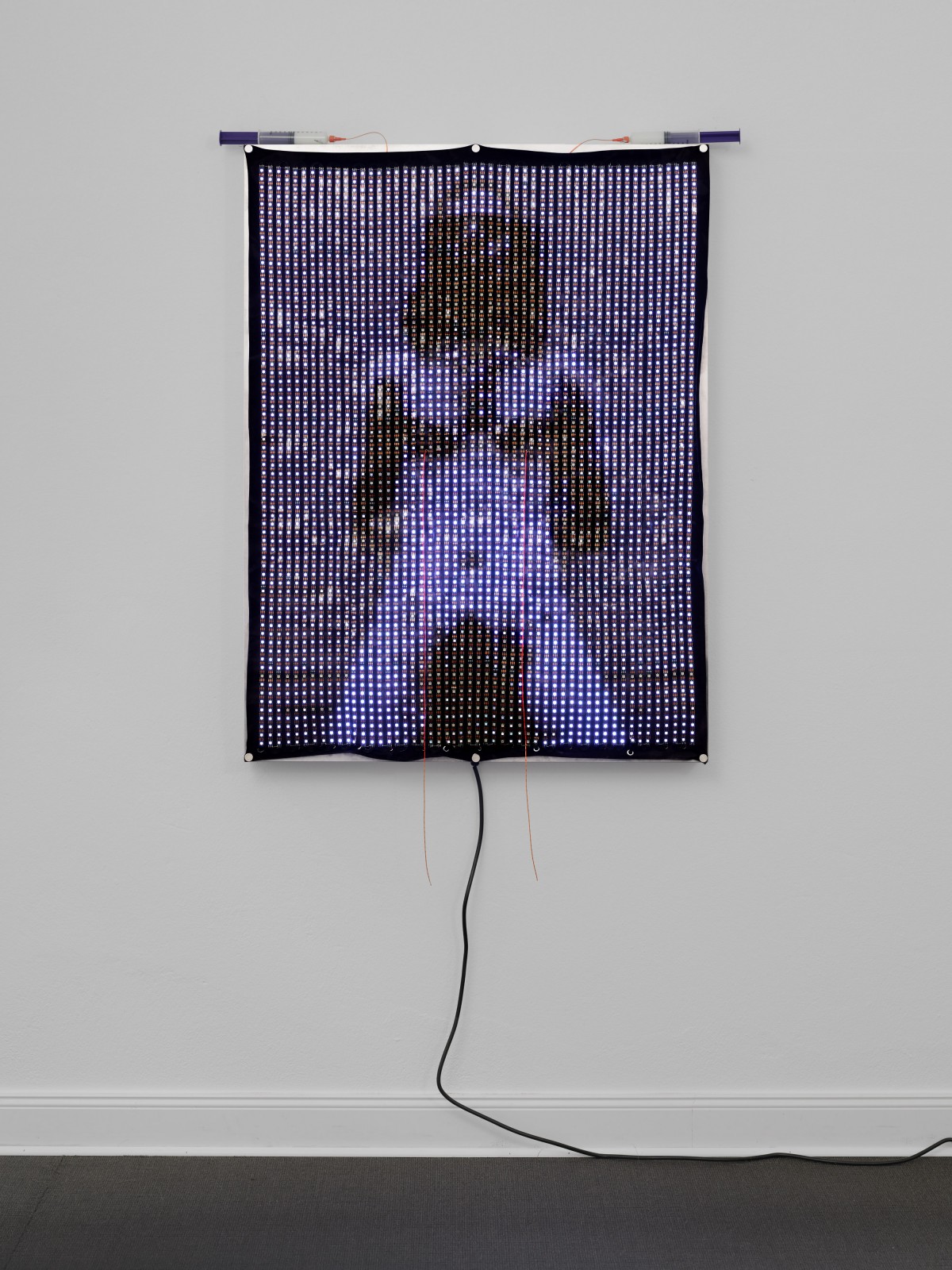 Ei Arakawa-Nash, Jürgen Klauke, Self-Performance, 1972-1973 (detail), 2025, 3.588 LEDs (WS2813, 60 LEDs/m, black) on hand-dyed fabric with grommets and eyelets, K8000C controller, 2GB SD card with LedEdit 2014 files, 5 x 5V 80A power supply with 22 AWG stranded wire, custom aluminum case, 122 x 91 x 9 cm