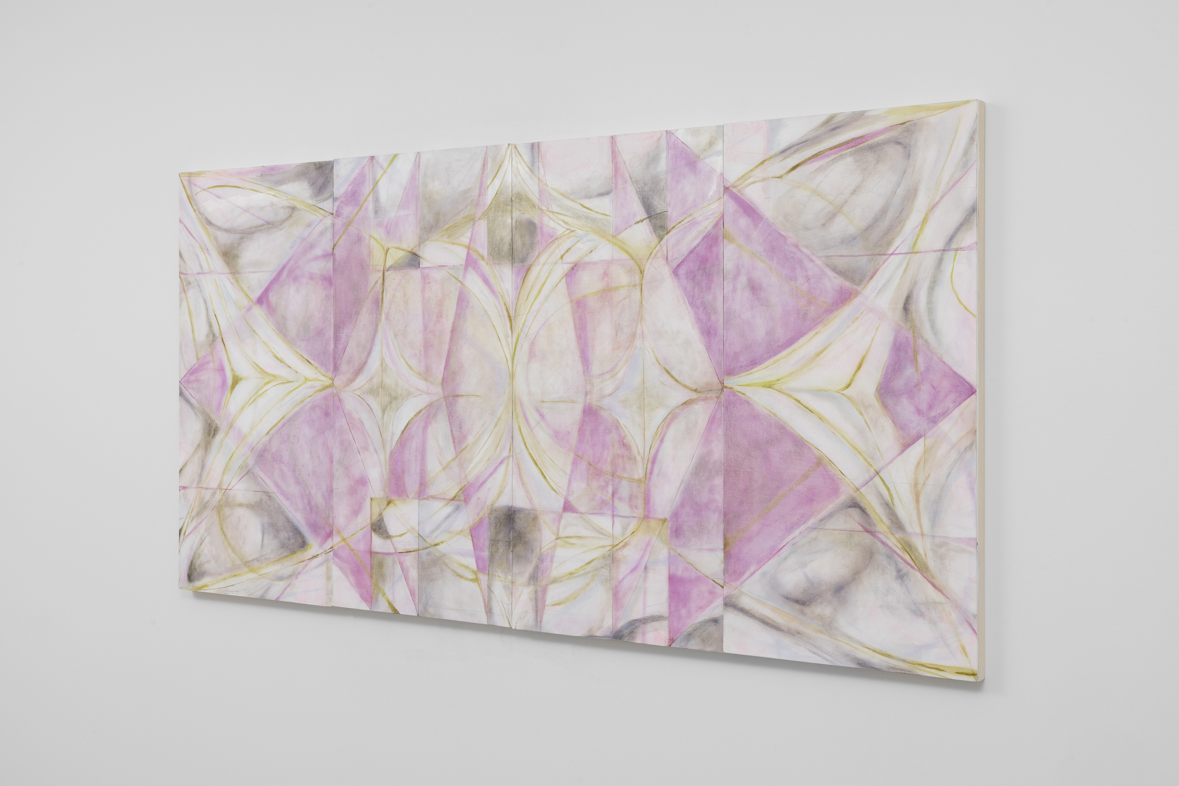 Ang Ziqi Zhang, Hofstadters Schmetterling, 2025. Oil and acrylic on panel, 24 x 48 in. (4 panels). Courtesy of the artists and Romance, Pittsburgh.
