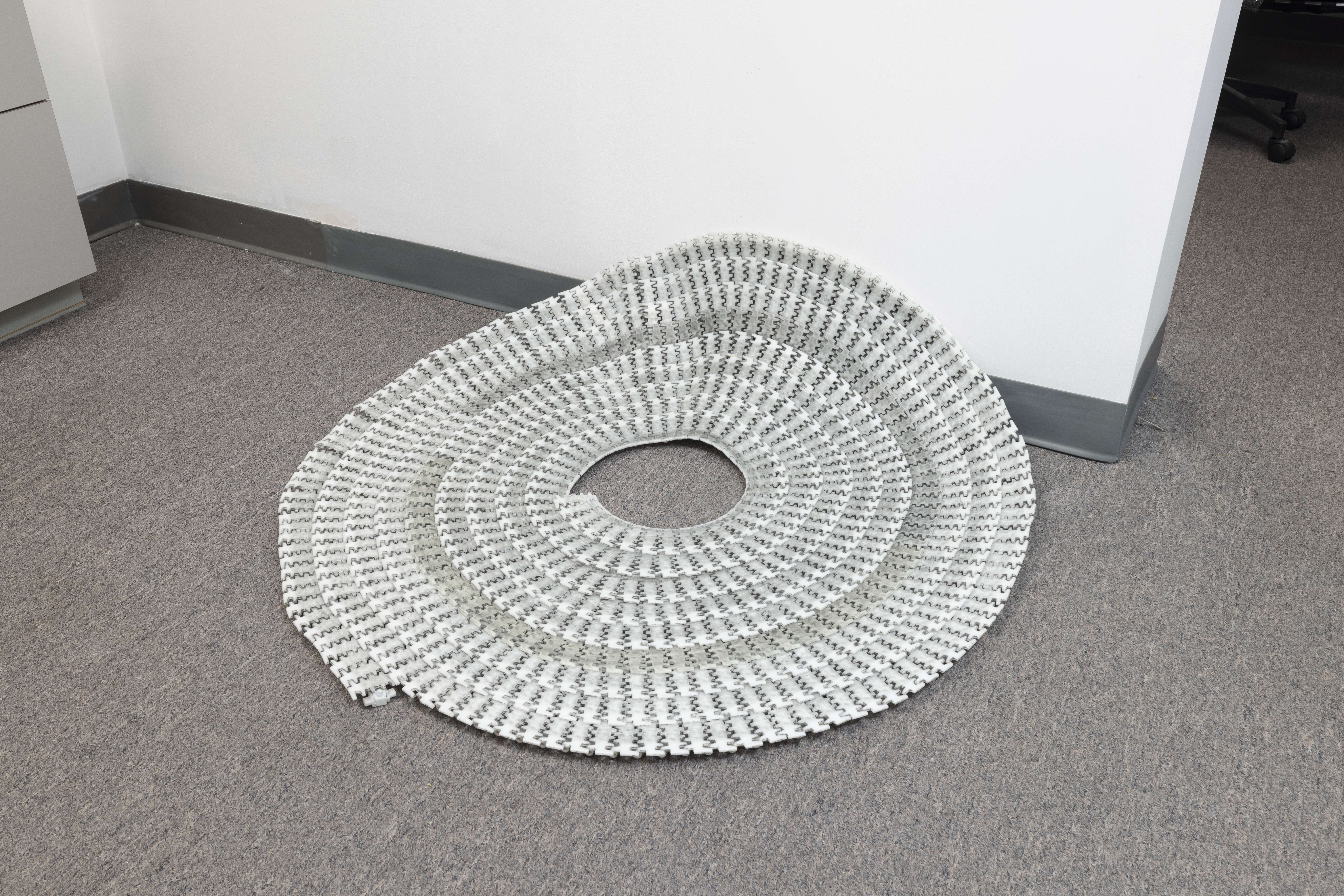 Hunter Foster & Ang Ziqi Zhang, Track, 2025. Conveyer belt track. Dimensions variable. Courtesy of the artists and Romance, Pittsburgh.