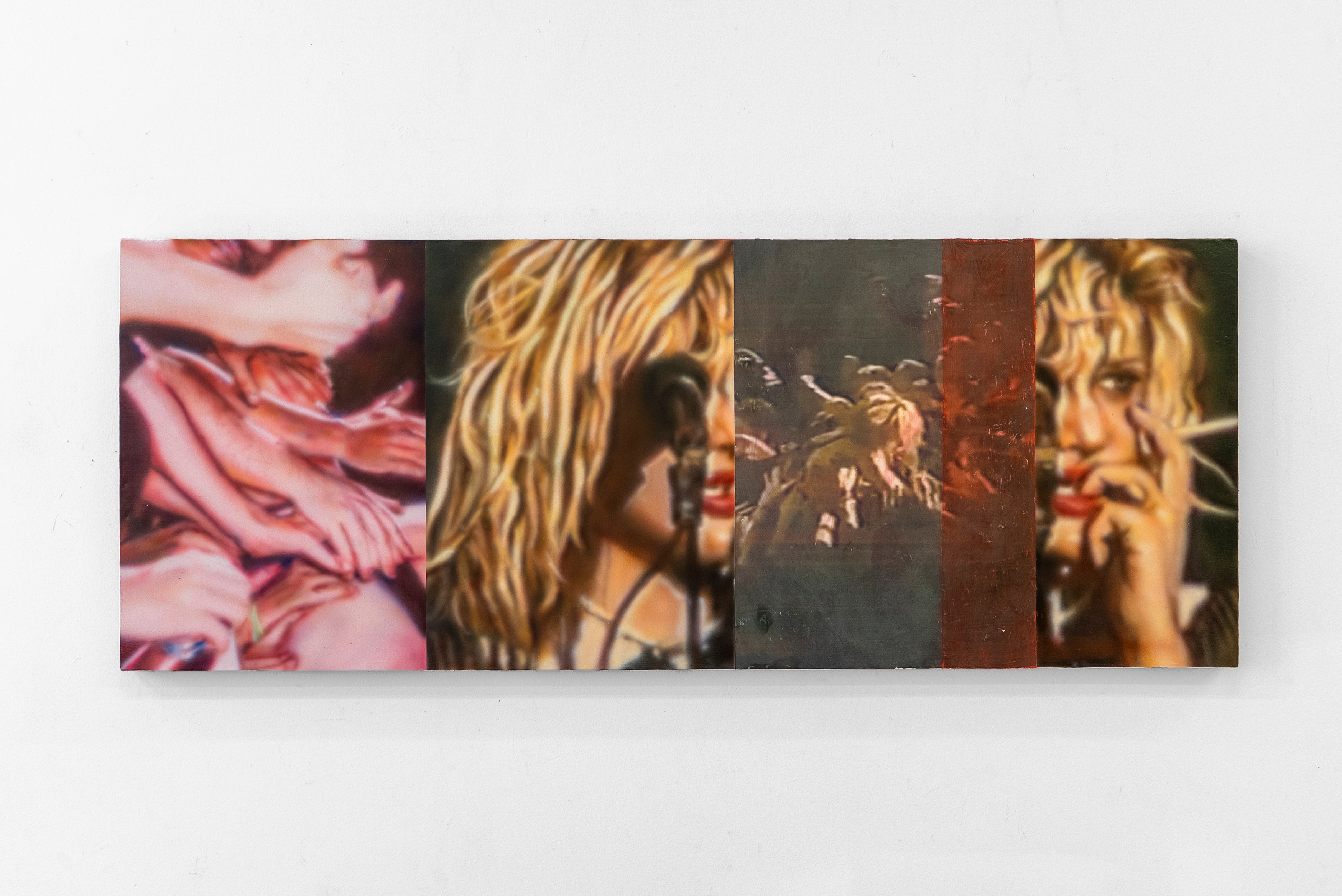 Liza Jo Eilers, The trickle down effect (mint), 2025, Acrylic, pigment transfer, and glitter on linen, 45.7 x 119.4 cm, courtesy of the artist and Grimm