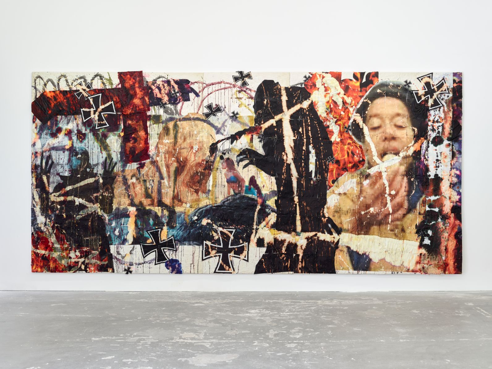 Monsieur Zohore, Die!, Meerjungfrau, 1922–2025, mixed media on canvas, 210 x 453 x 4 cm, photo: Ladislav Zajac. Courtesy of KOW.