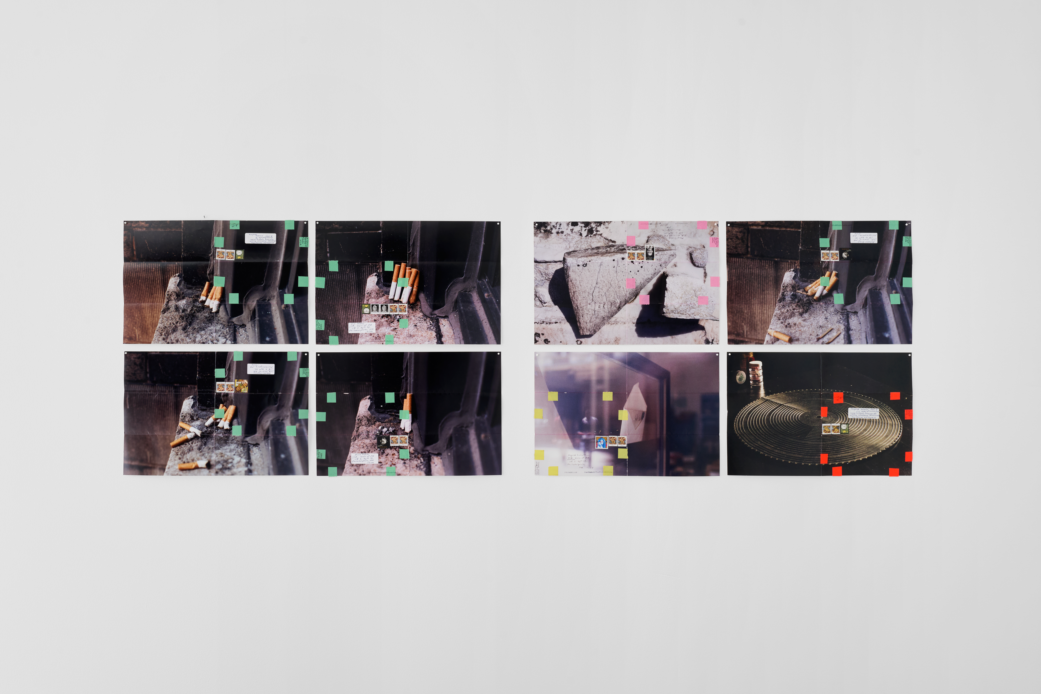 Moyra Davey, Bad Kids, 2014
, 8 Chromogenic prints, tape, postage, ink
45.5 × 30.5 cm (each print); 63.57 × 188 cm (overall). Courtesy of Simian, photography by Brian Kure / GRAYSC.