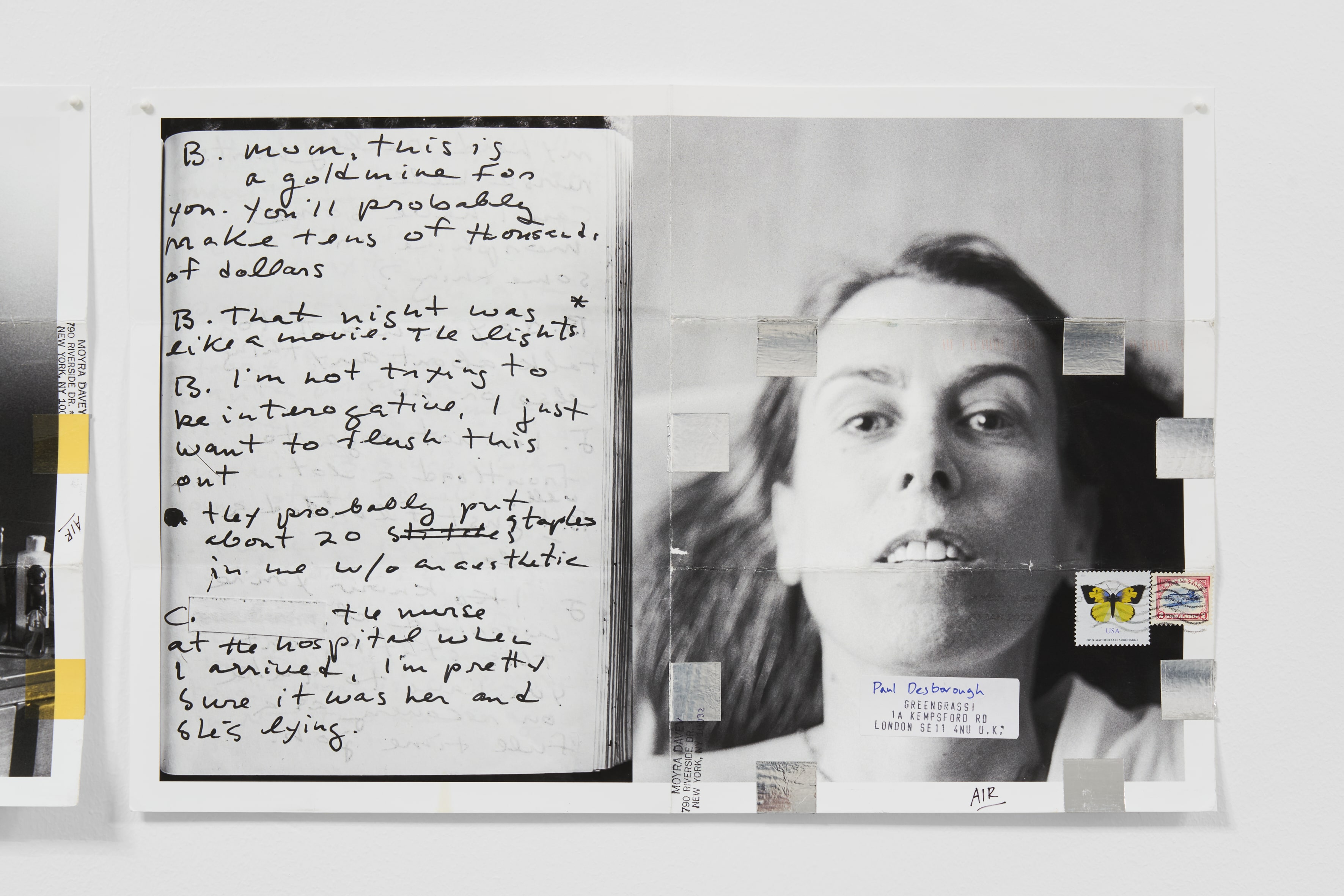 Moyra Davey, Visitor, 2022
, 18 Pigment prints on Epson Enhanced Matte, tape, postage, ink
, 45.5 × 30.5 cm (each print); 136.5 × 183 cm (overall). Detail. Courtesy of Simian, photography by Brian Kure / GRAYSC.