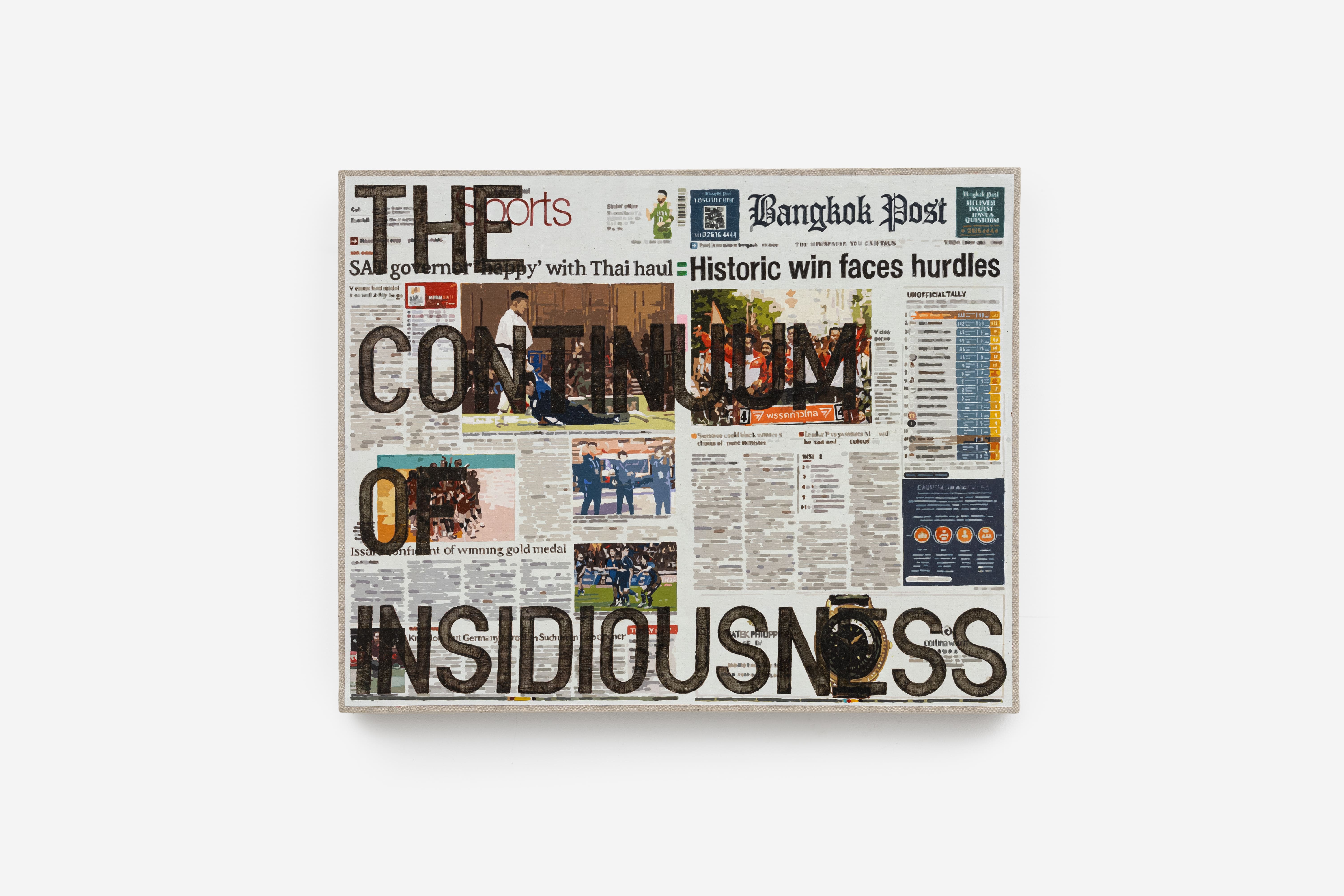 Rirkrit Tiravanija, untitled 2024 (the continuum of insidiousness, bangkok post, may 16, 2023), 2024, oil and acrylic on canvas, 56.5× 71× 4 cm — 22 1/4× 27 15/16× 1 9/16 in. Courtesy of the artist and Galerie Chantal Crousel, Paris. Photo: Jiayun Deng — Galerie Chantal Crousel.