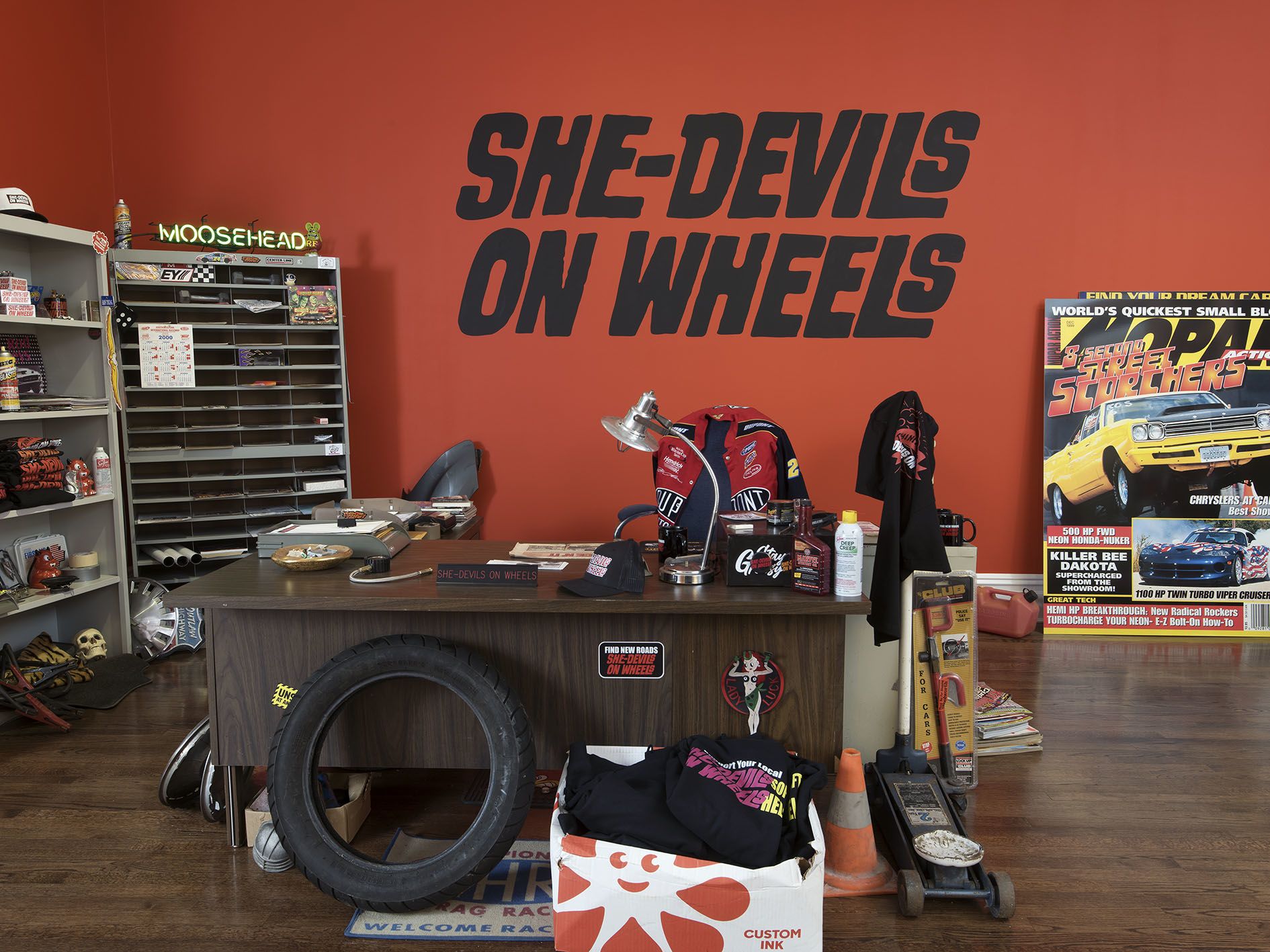 Sylvie Fleury, She-Devils on Wheels Headquarters, 2000, Mixed media Dimensions variable. Courtesy of Sprüth Magers. Photography by John Berens.