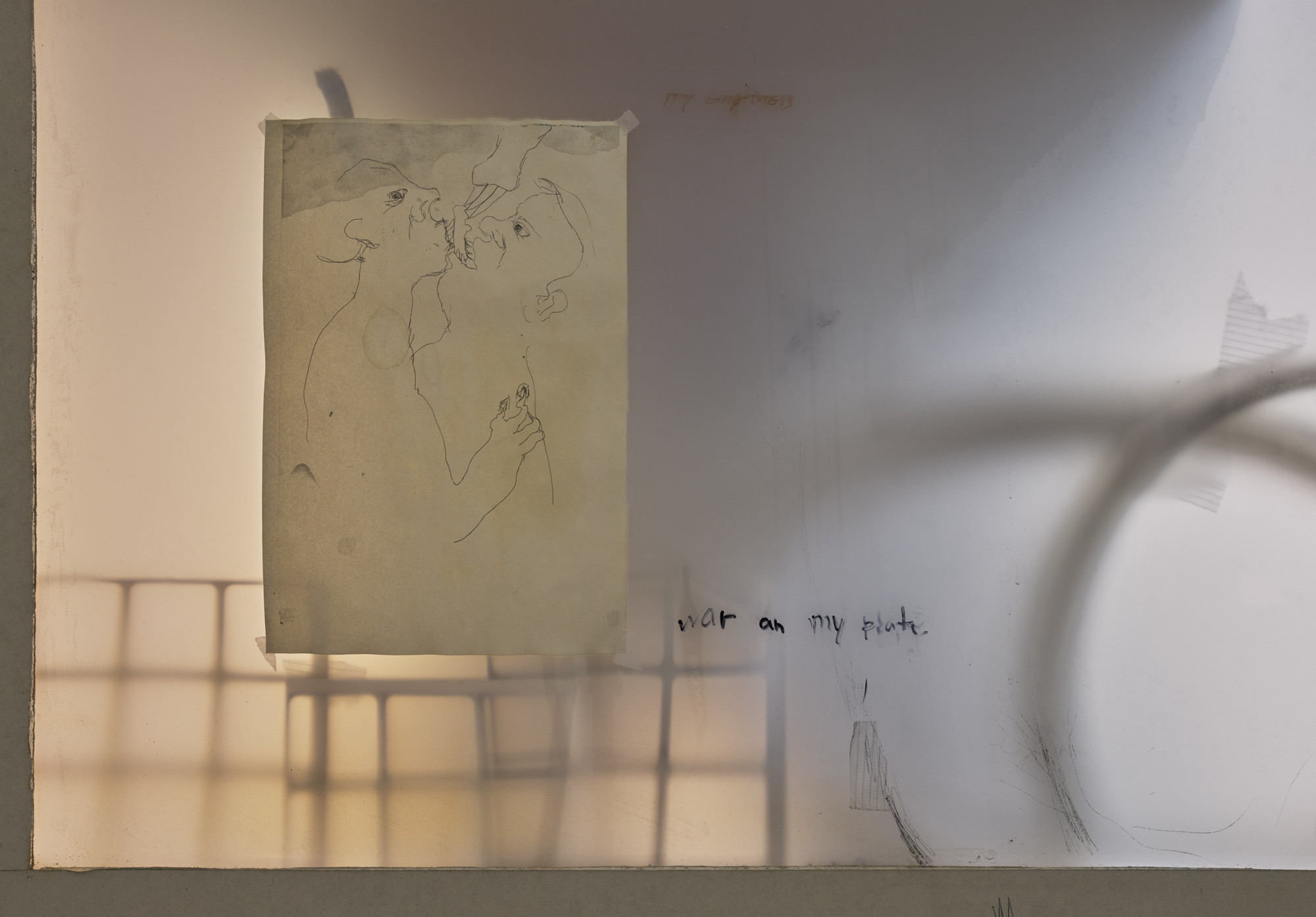 Tolia Astakhishvili, nearly hardened cold II, 2025, sound by Dylan Peirce, wall architecture, drywall, wood, plexiglass, led lights, plaster, coffee, wood dye, oil, papier mache, snow spray, cement, found objects, photographs, words, paper, pencil, ink, sound, 272 x 304 x 59 cm | 107 x 120 x 23 inches. Courtesy of the artist and Raven Row.