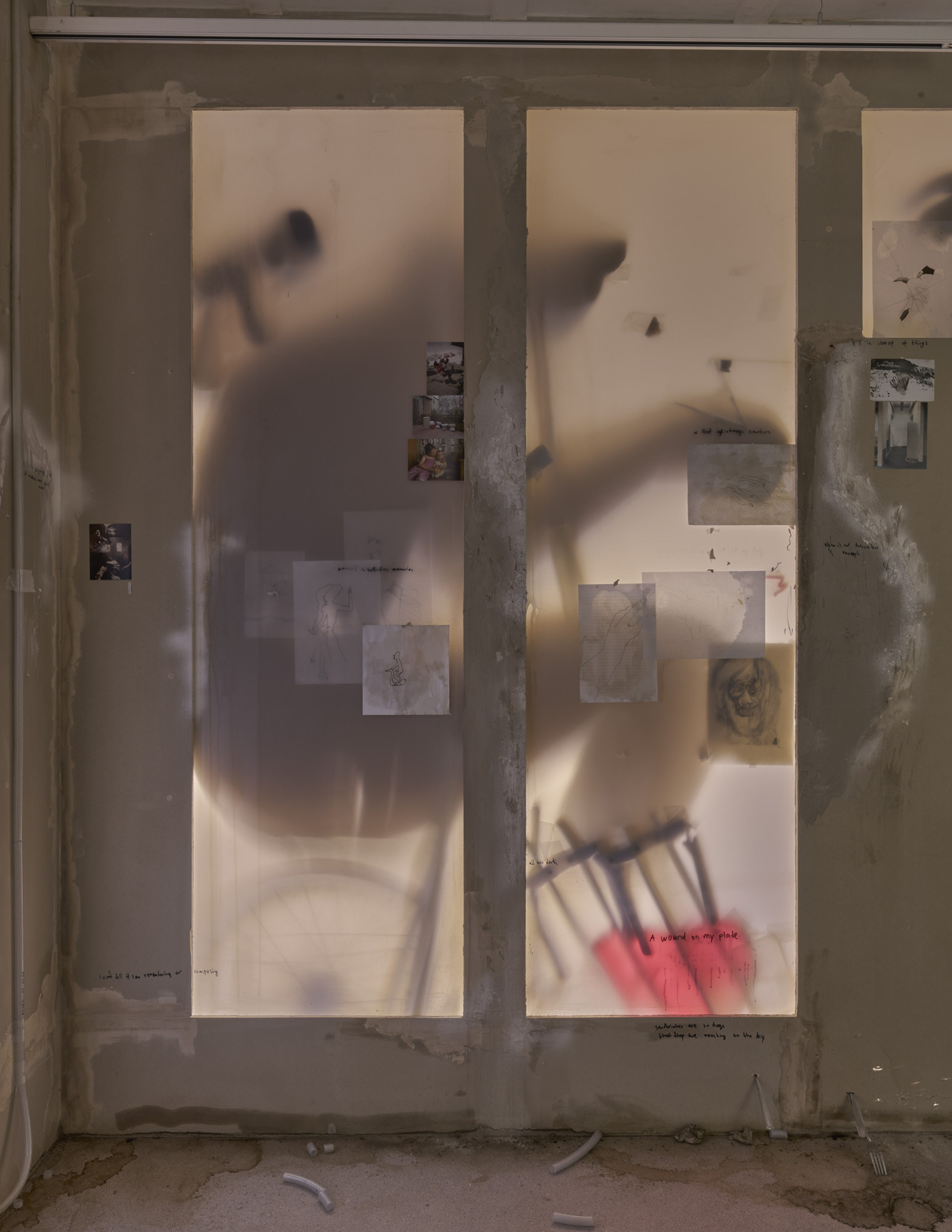 Installation view, a wound on my plate, 2025, courtesy of the artist and Raven Row.