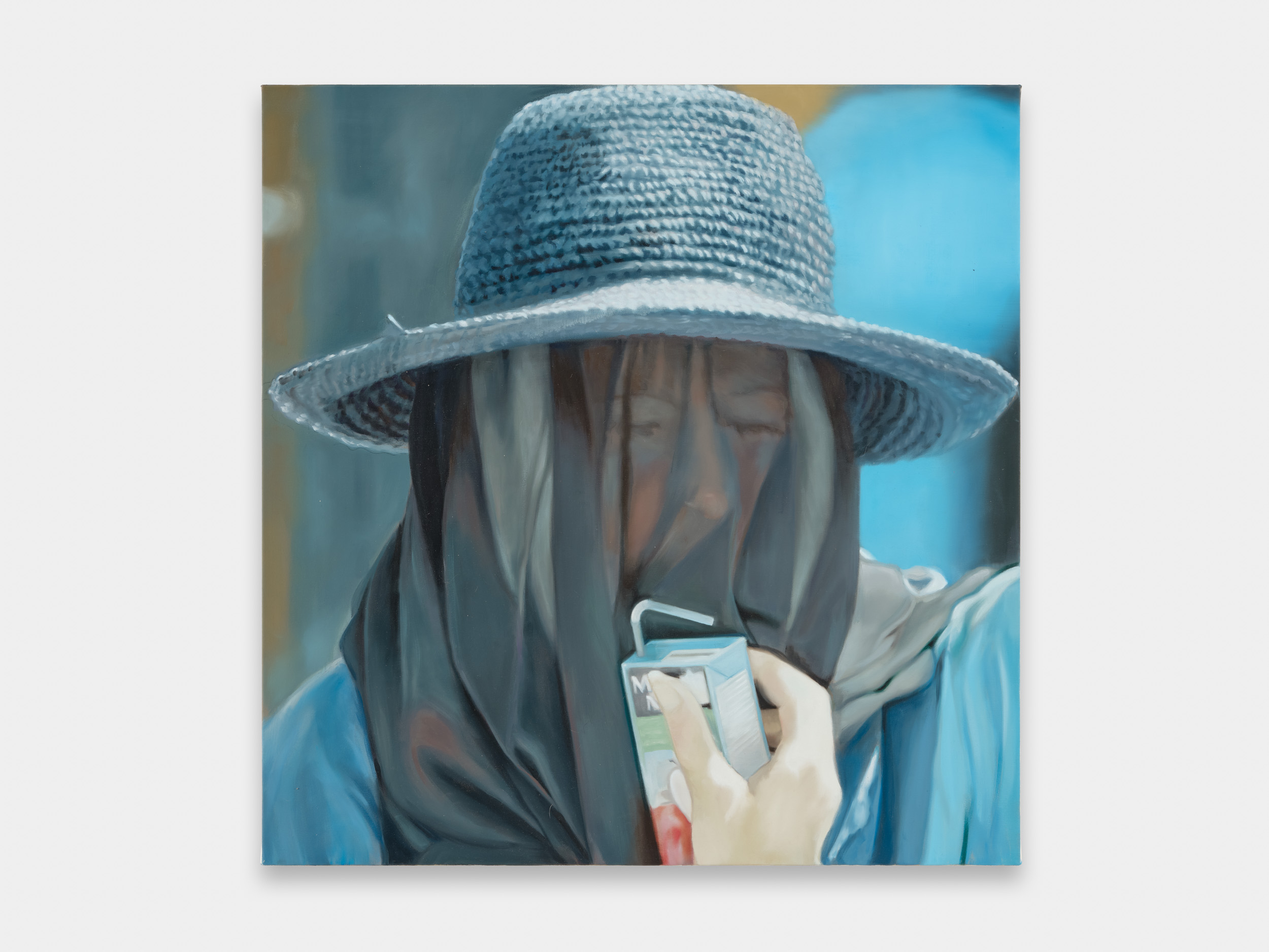 Shannon Cartier Lucy, Woman with a juice box, 2025 Oil on canvas 88.9 × 91.4 cm, courtesy of the artist and Soft Opening.