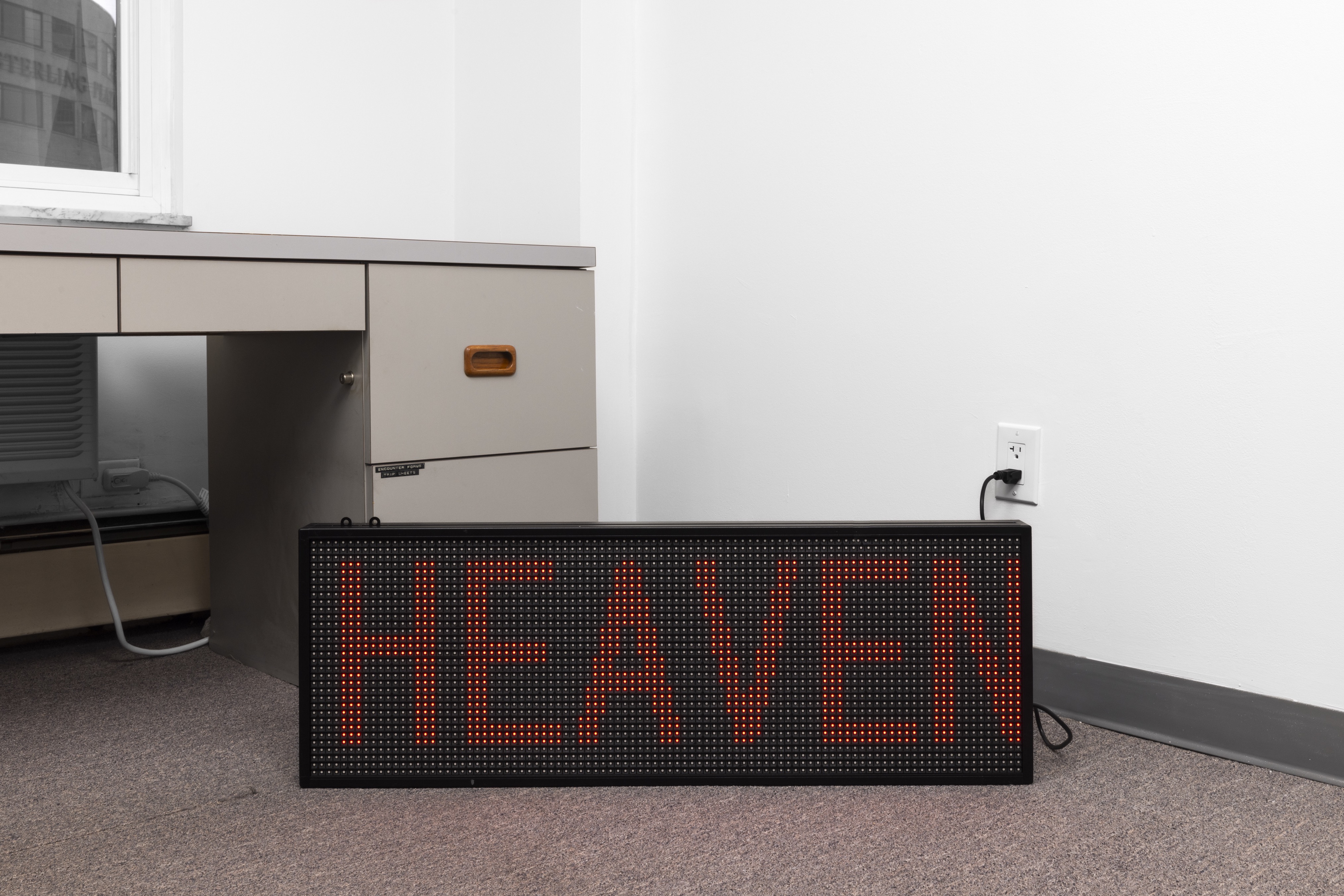 Tasneem Sarkez, Beautiful Sexy Angels Await You in Heaven, 2025, scrolling text on LED screen, 13 ¾ x 39 x 2 ⅛ in., courtesy of the artist and Romance Gallery.