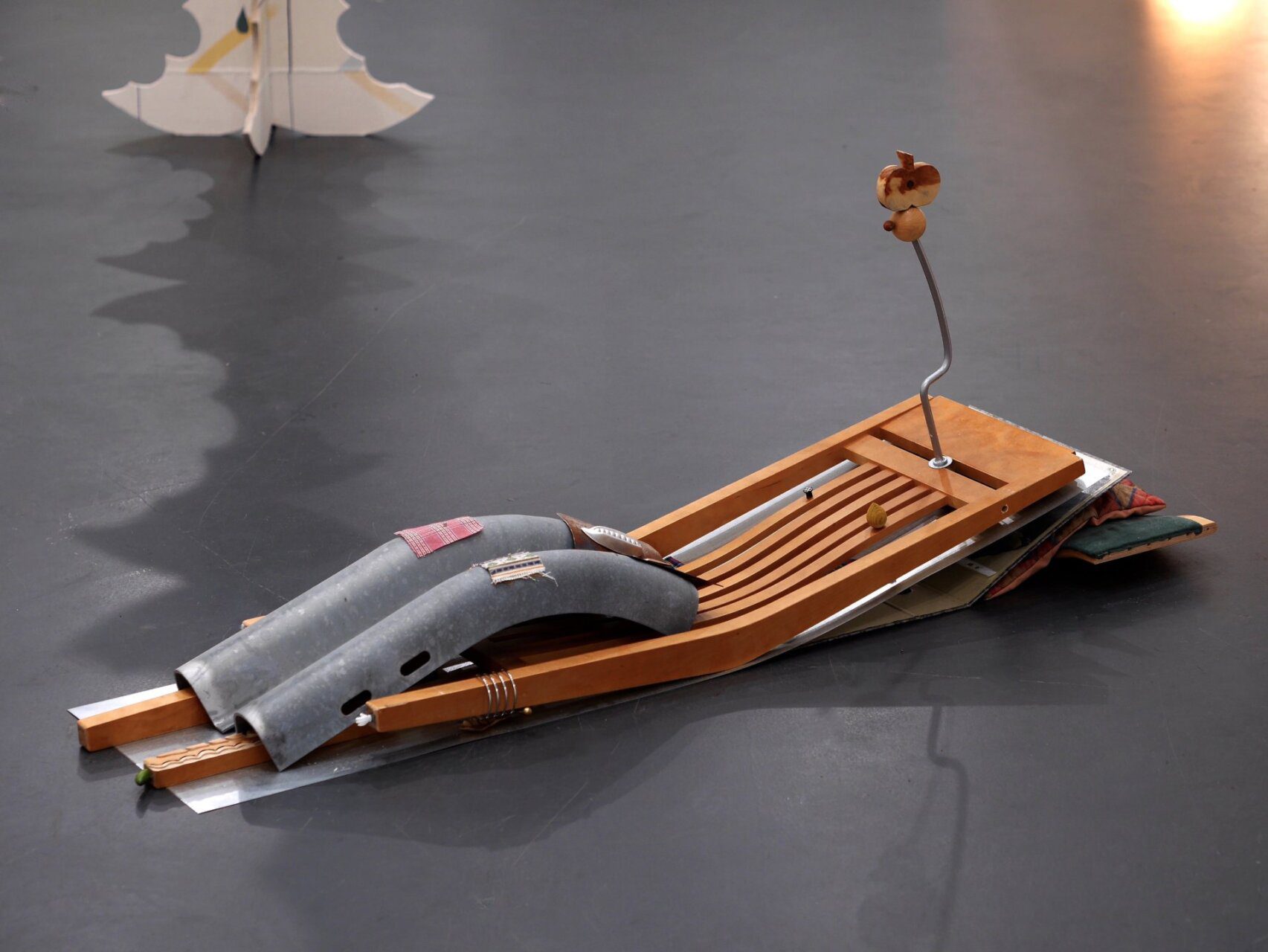 dylan ray arnold, Autofiction, 2025, Furniture parts, folder, found image, steel, guard-rail, pillow, textiles, pumice, small items. Courtesy of the artist and Sculptor Gallery.