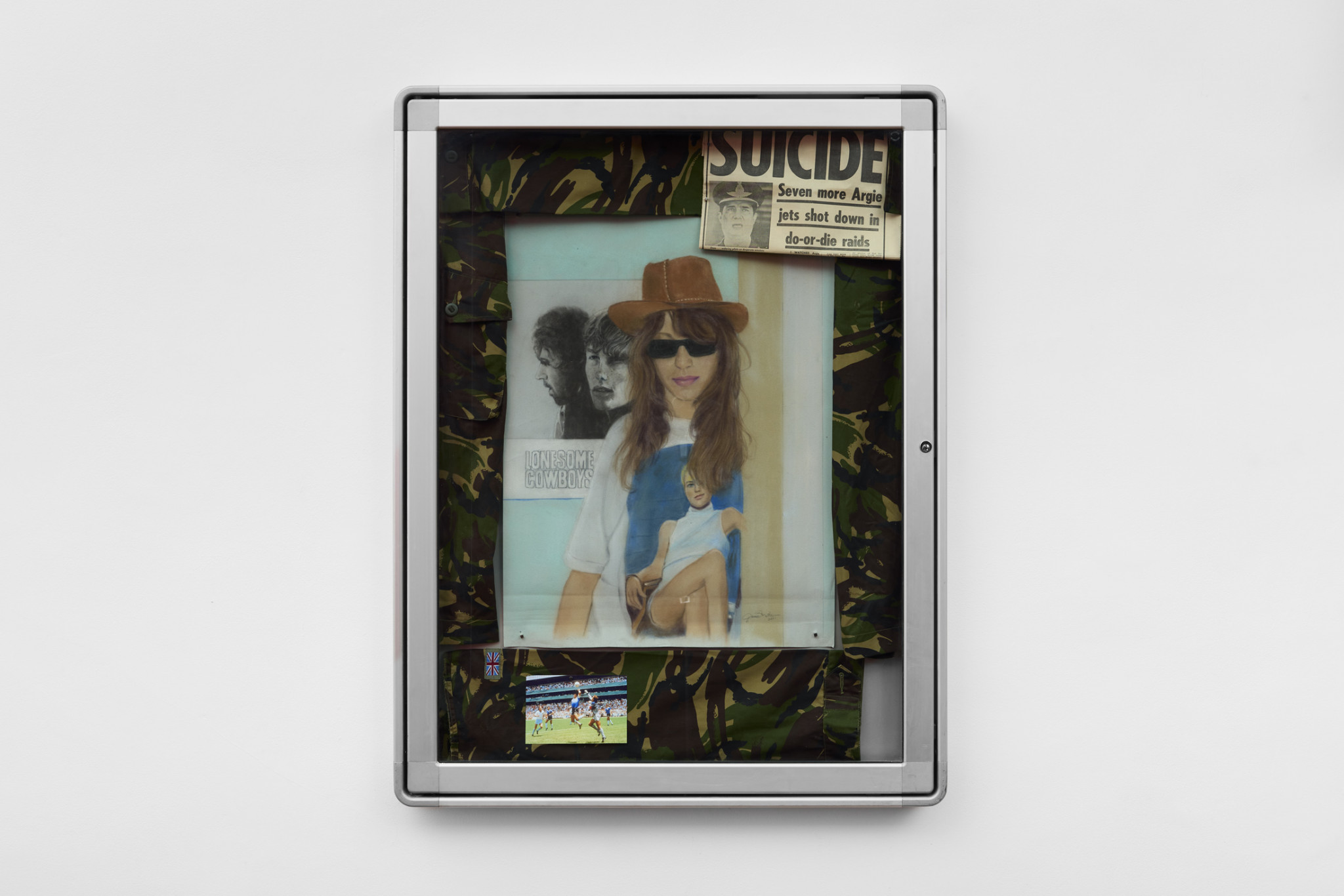 Victoria Colmegna If Warhol‘s Cowboys are lonely it‘s because of their friends in Times Square 2019 commissioned self-portrait to Sweet Valley High book cover illustrator, chalk pastel on Hahnemühle velour, original LSD on Campus books, magnet, aluminum, galvanised steel, tempered glass vitrine with lock and keys 106.5 x 82 x 6.5 cm 41 7/8 x 32 1/4 x 2 1/2 inches. Courtesy of the artist and Emalin.