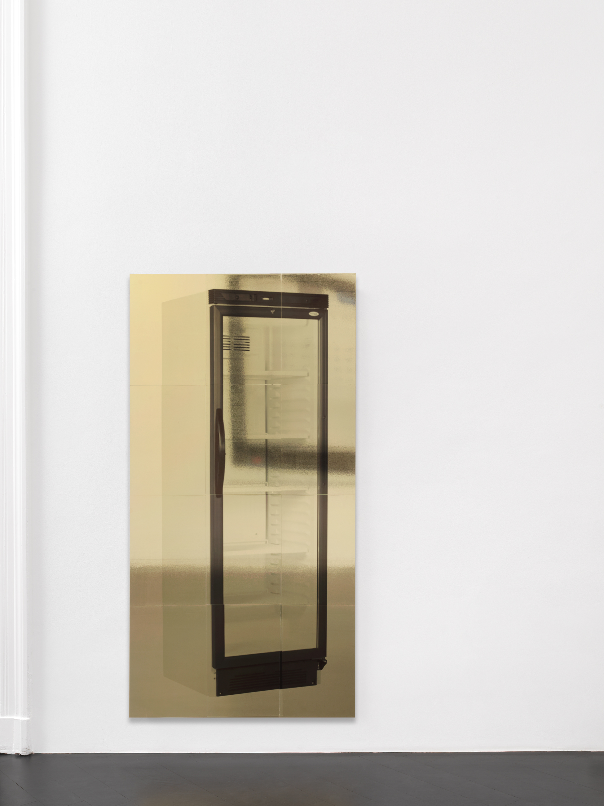 Gili Tal, Untitled, Gold Mirror, 2026, inkjet print on clear film, gold mirrored dibond, aluminium 165 x 86 x 2.5 cm. Installation view, Galerie Buchholz, Berlin 2026. Courtesy of the artist and Galerie Buchholz.