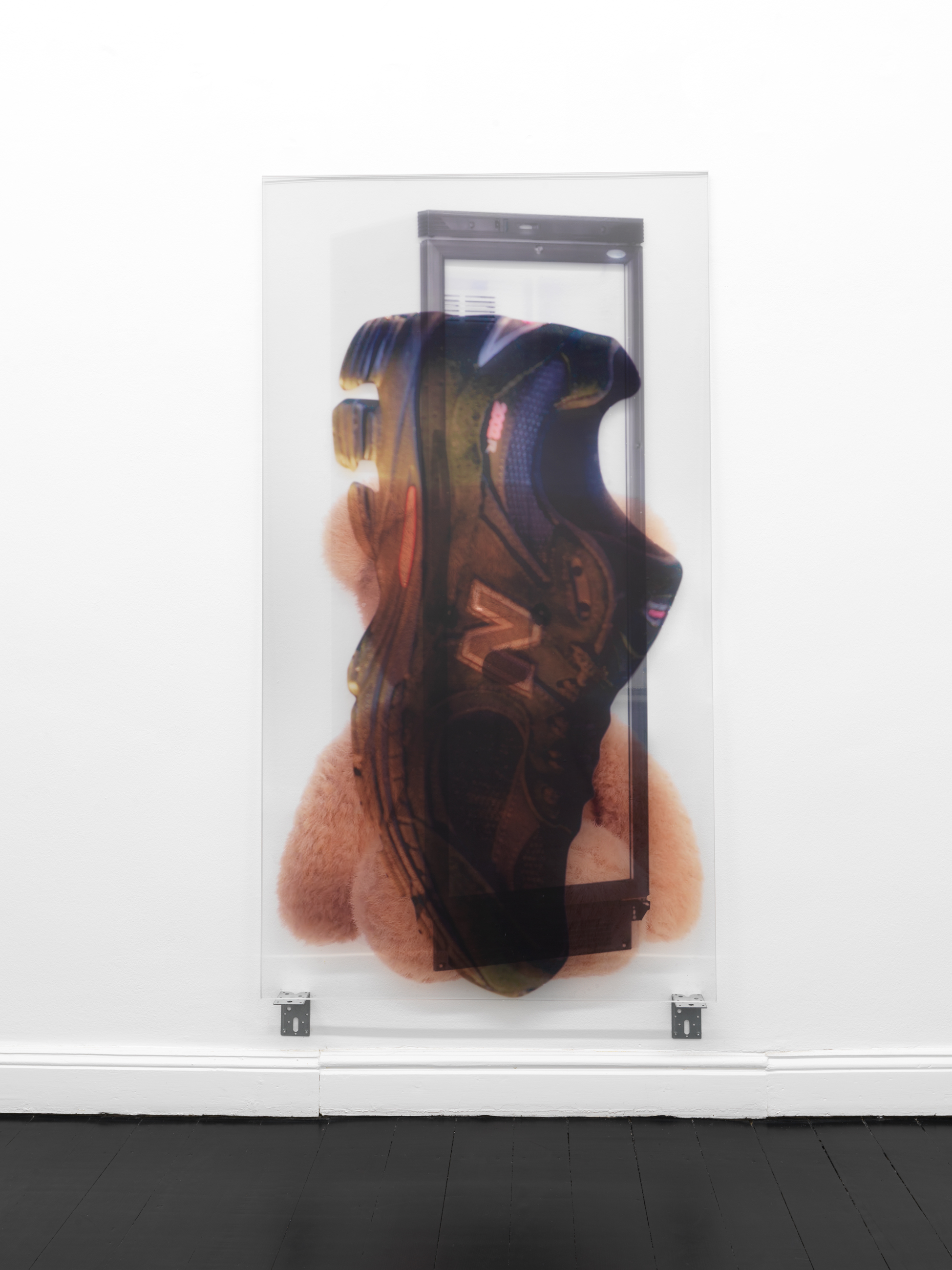 Gili Tal, A State of Dreamy Dissociation, 2026, prints on transparent window sticker, clear perspex, metal brackets 174 x 90 x 9 cm. Installation view, Galerie Buchholz, Berlin 2026. Courtesy of the artist and Galerie Buchholz.