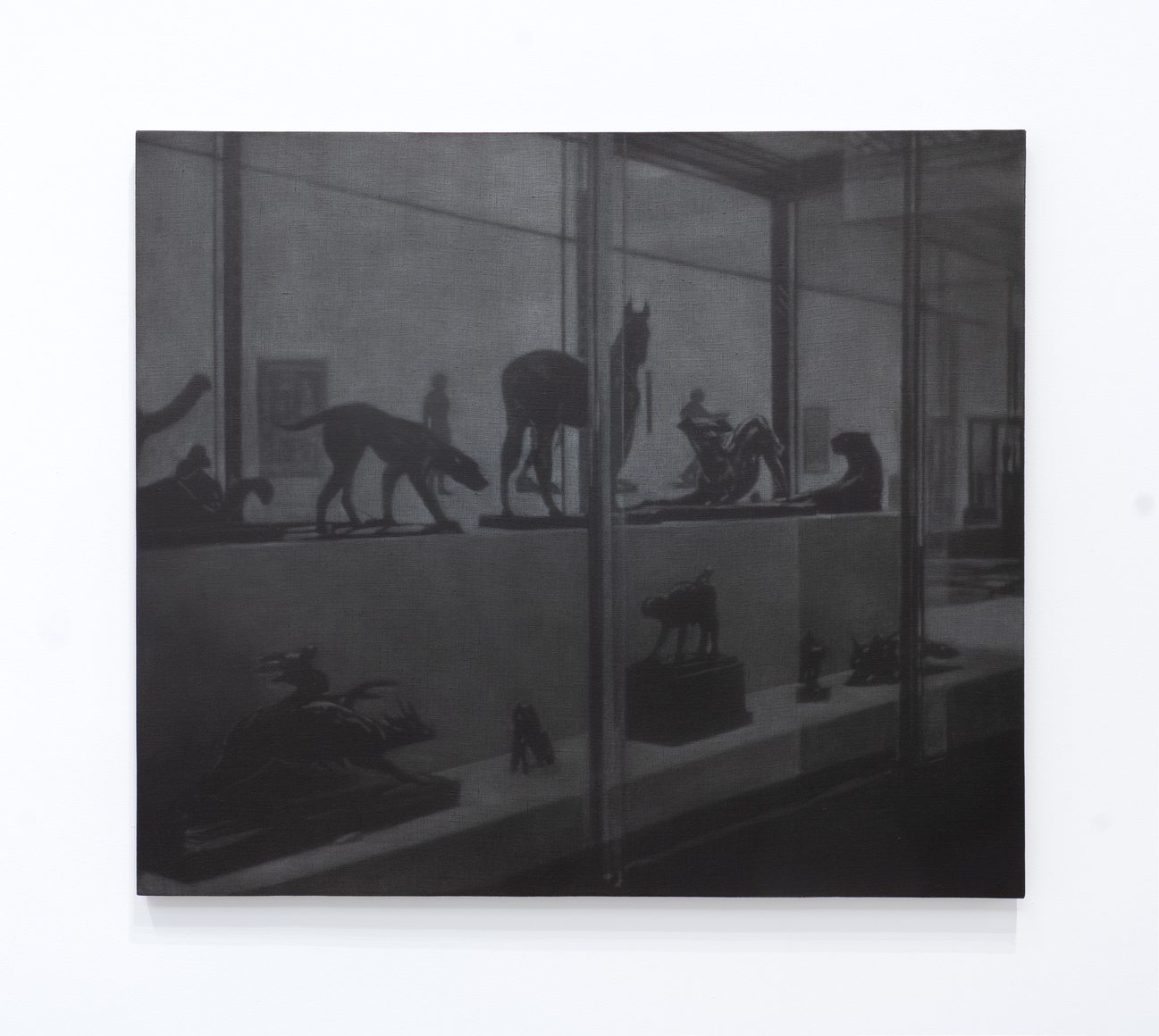 Troy Brauntuch, Untitled (Display case with horse and panther), 2025, Oil on linen, 31 x 36 in 78.7 x 91.4 cm, (TB 25/014). Courtesy of the artist and Petzel.