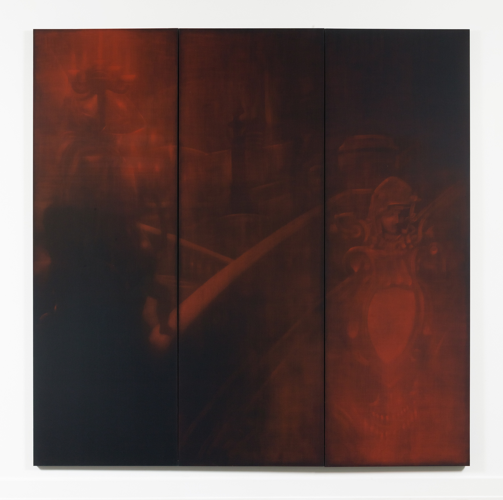 Troy Brauntuch, Untitled (Paris Opera), 1986, Conté crayon on cotton, Triptych, 108 1/4 x 107 1/2 in 275 x 273.1 cm, (TB 08/001). Courtesy of the artist and Petzel.